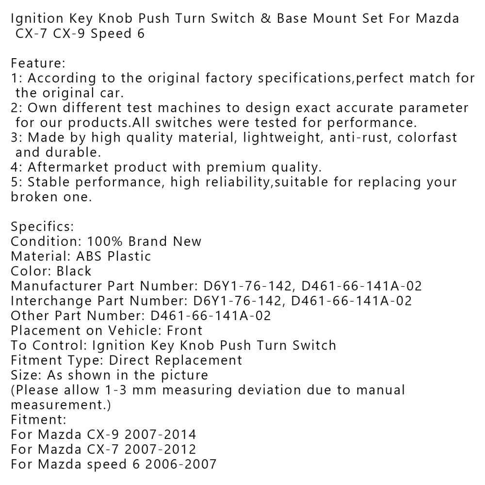 Przycisk zapłonu i zestaw mocowania podstawy dla Mazda CX-7 CX-9 Prędkość 6