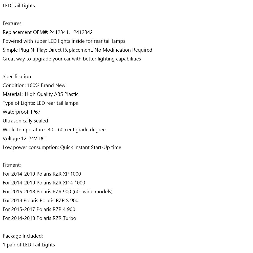 Pour Polaris RZR Turbo 1000 XP 900 S 2014-2019 Feux arrière LED 2412341 2412342