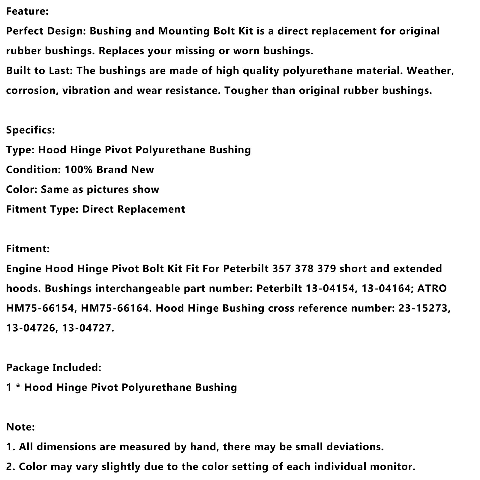 Hood-saranan pivot, kiinnityspultti 13-04154, yhteensopiva Peterbiltin kanssa 357 378 379