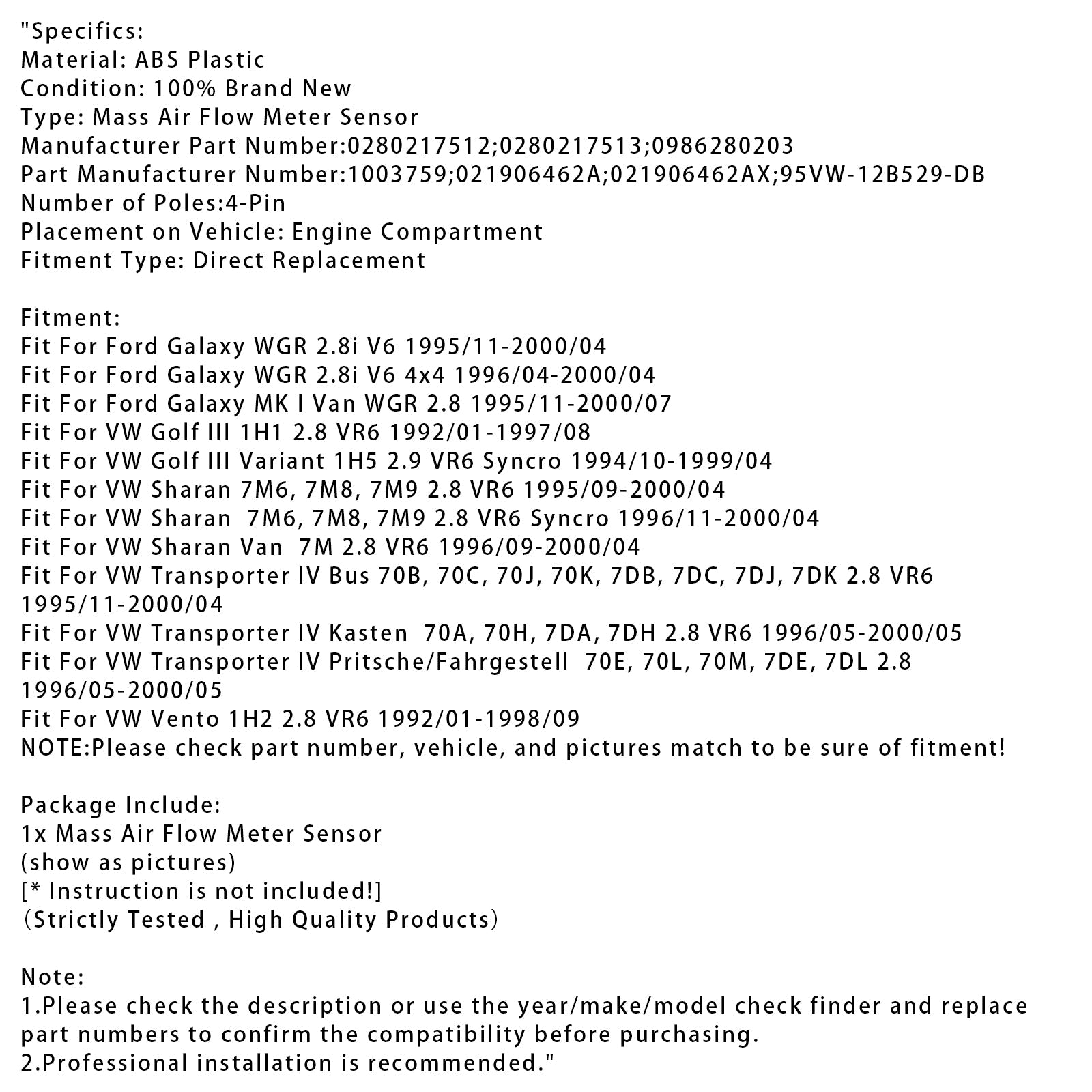 Senzor merilnika pretoka d'zračna masa za Ford Galaxy, VW Golf III, VR6, Sharan 0280217512