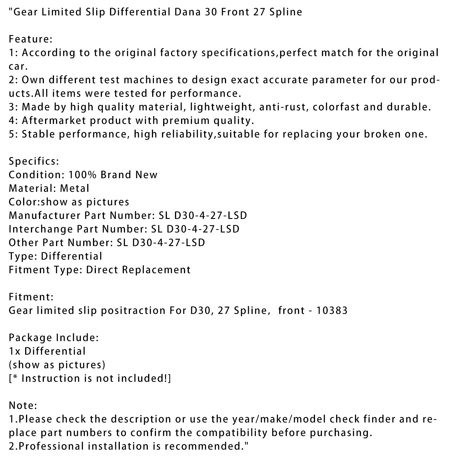 Différentiel à glissement limité Dana 30 avant 27 cannelures