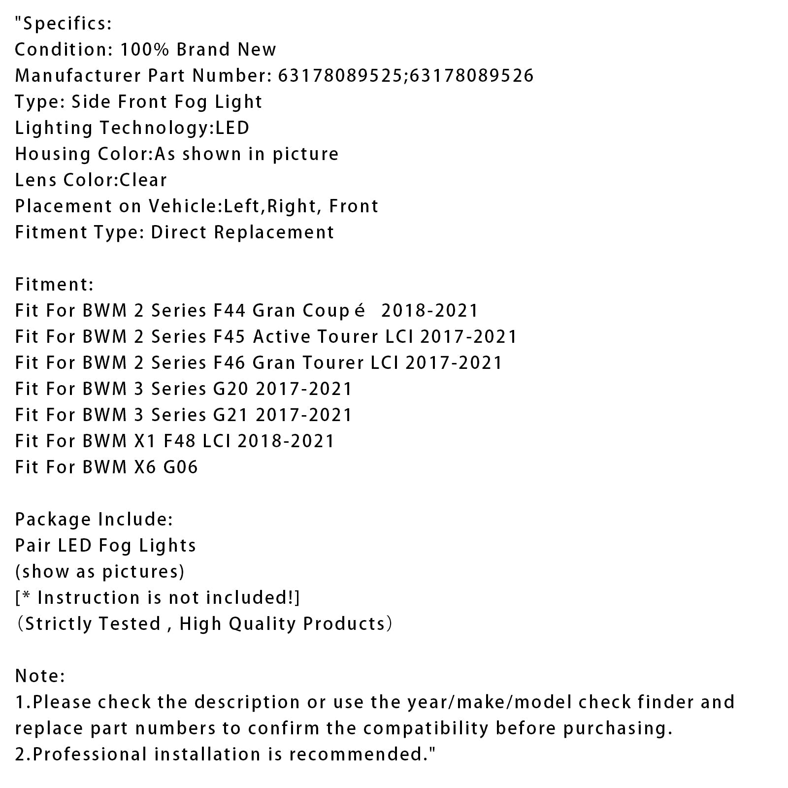 Par de luces antiniebla delantera LED para BMW G20 G21 X1 F48 LCI F45 F46 63178089526