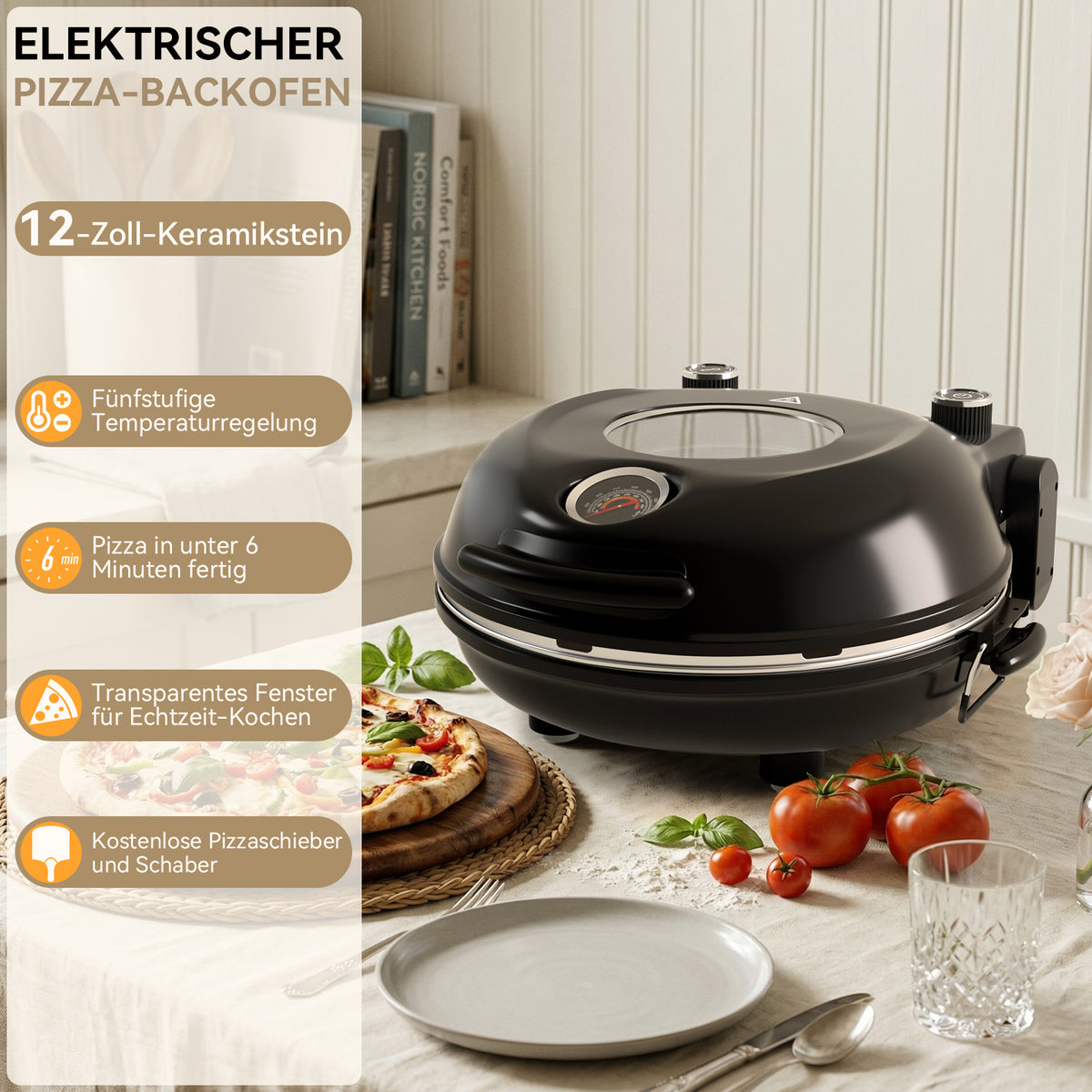 Electric Pizza Maker–12 Inch Electric Pizza Oven Indoor Countertop Maker with Ceramic Stone Heats up to 800˚F