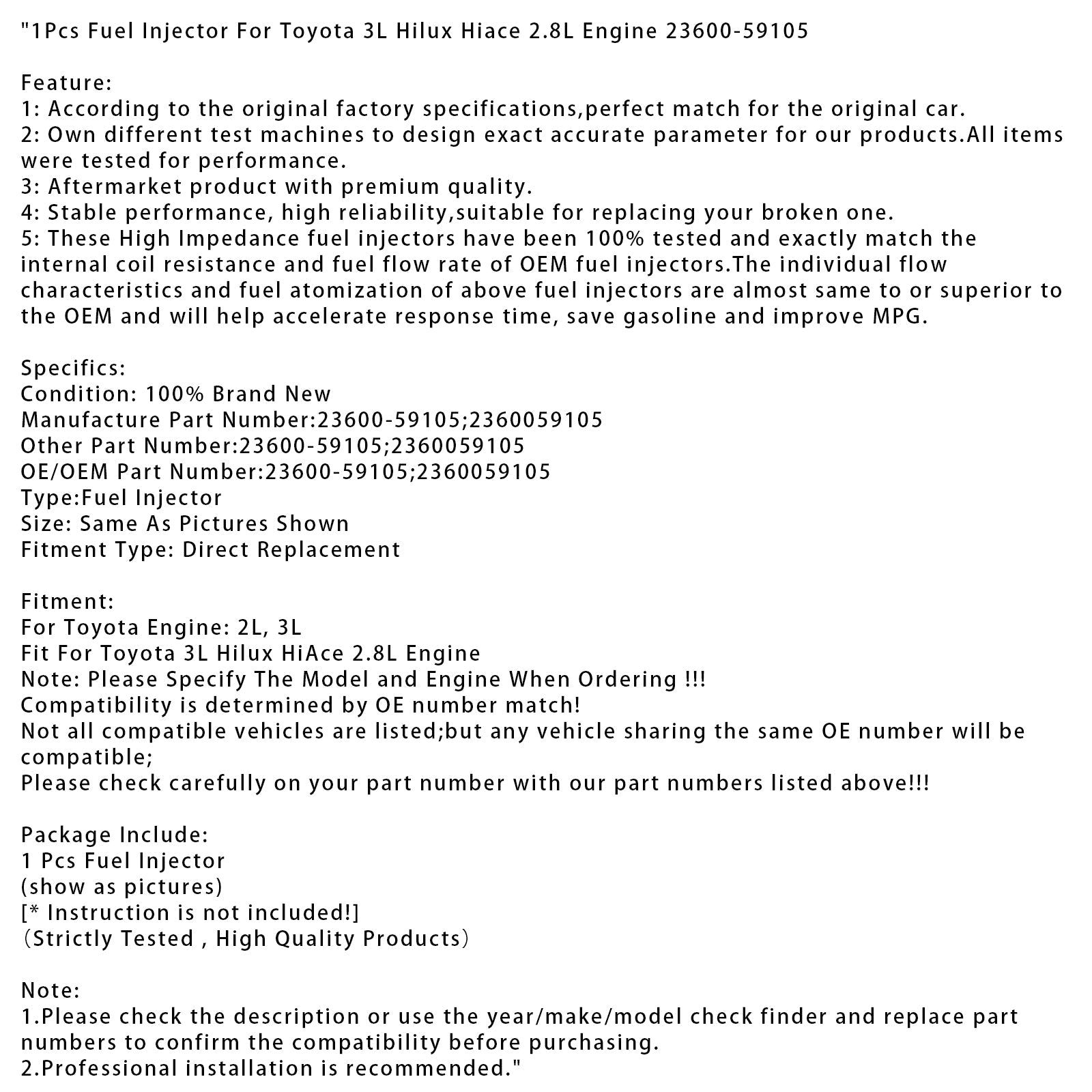 1 injecteur de carburant pour moteur Toyota 3L Hilux Hiace 2.8L 23600-59105