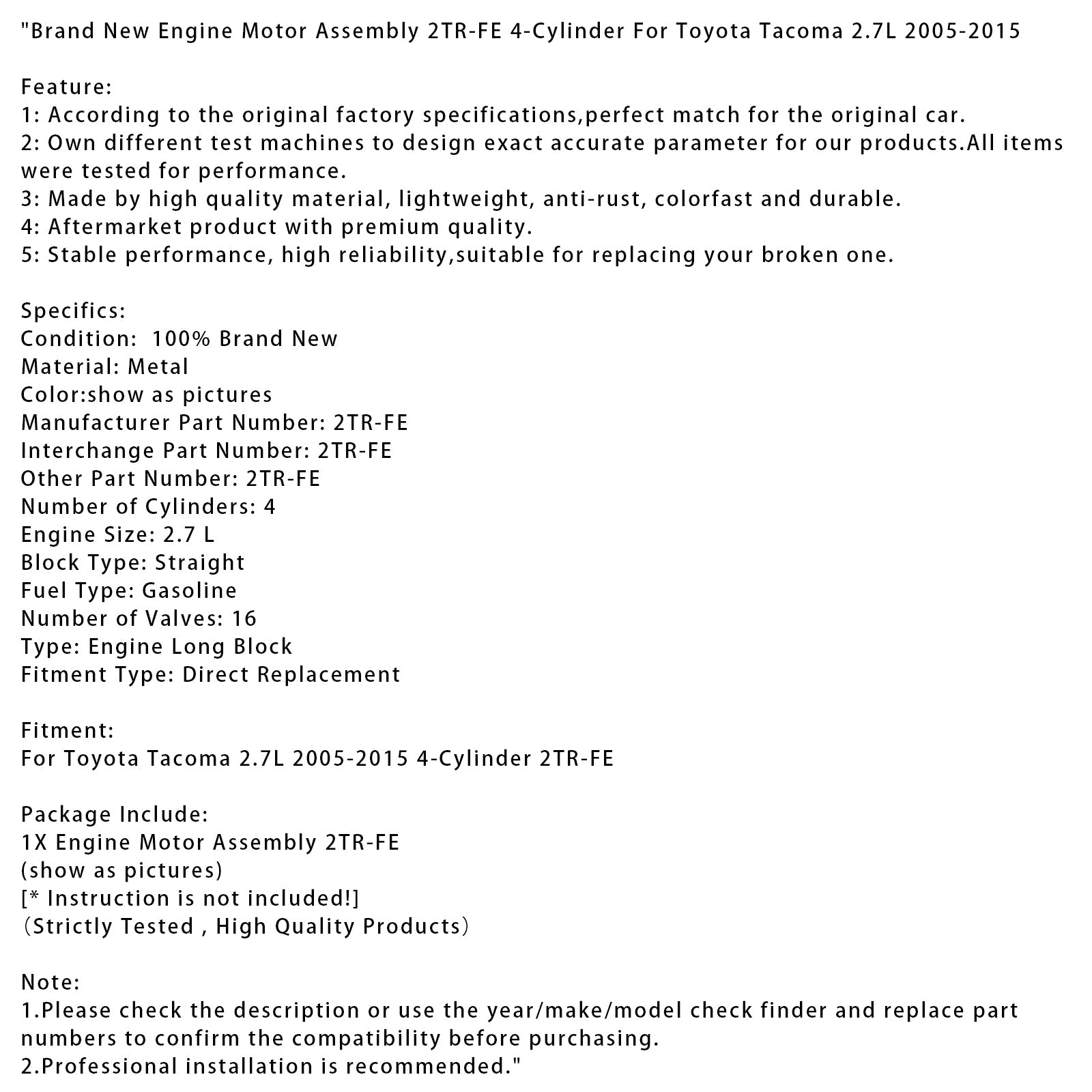 Moteur neuf 2TR-FE 4 cylindres pour Toyota Tacoma 2.7L 05-2015