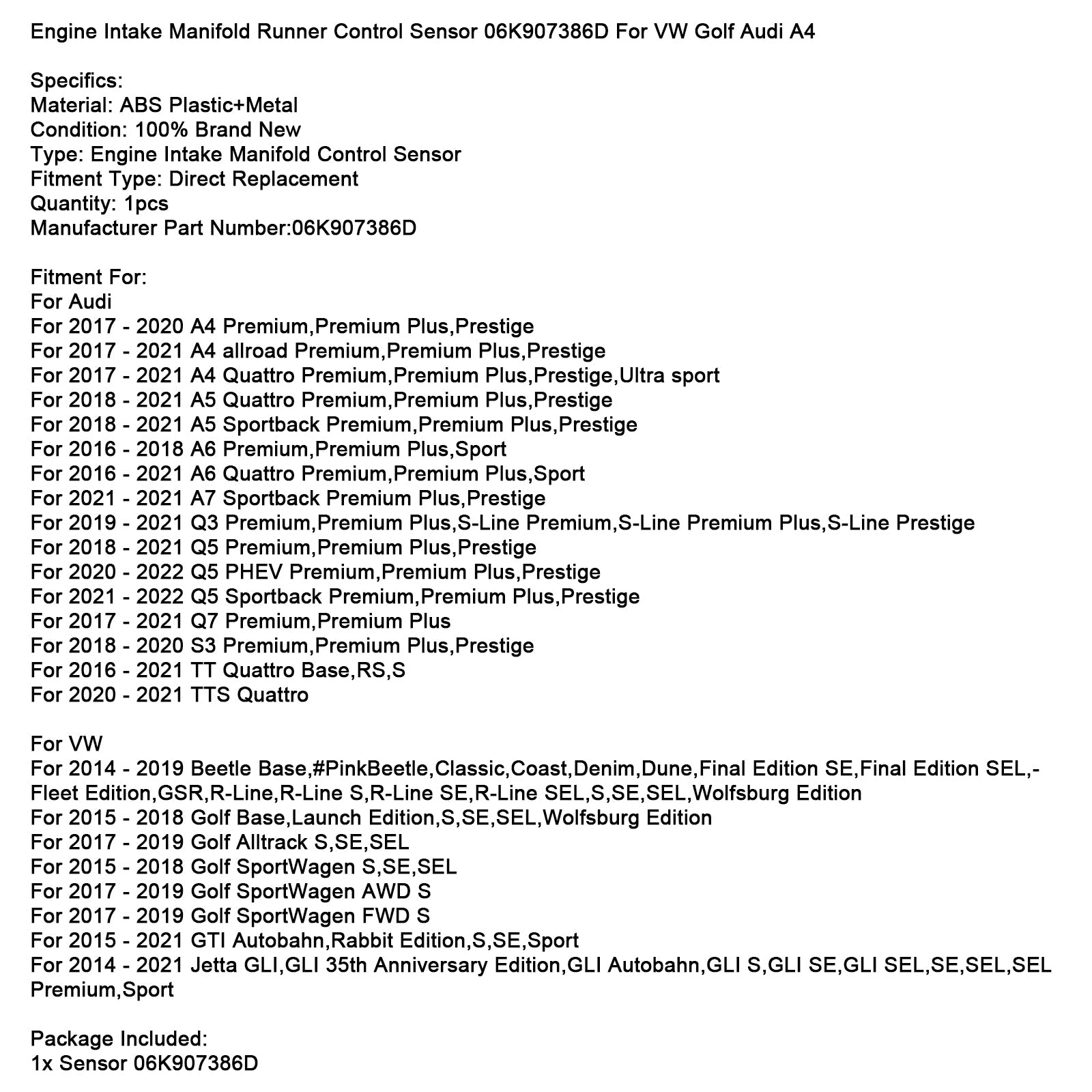 Sensore di controllo del collettore&Aspirazione motore 06K907386D per VW Golf Audi A4
