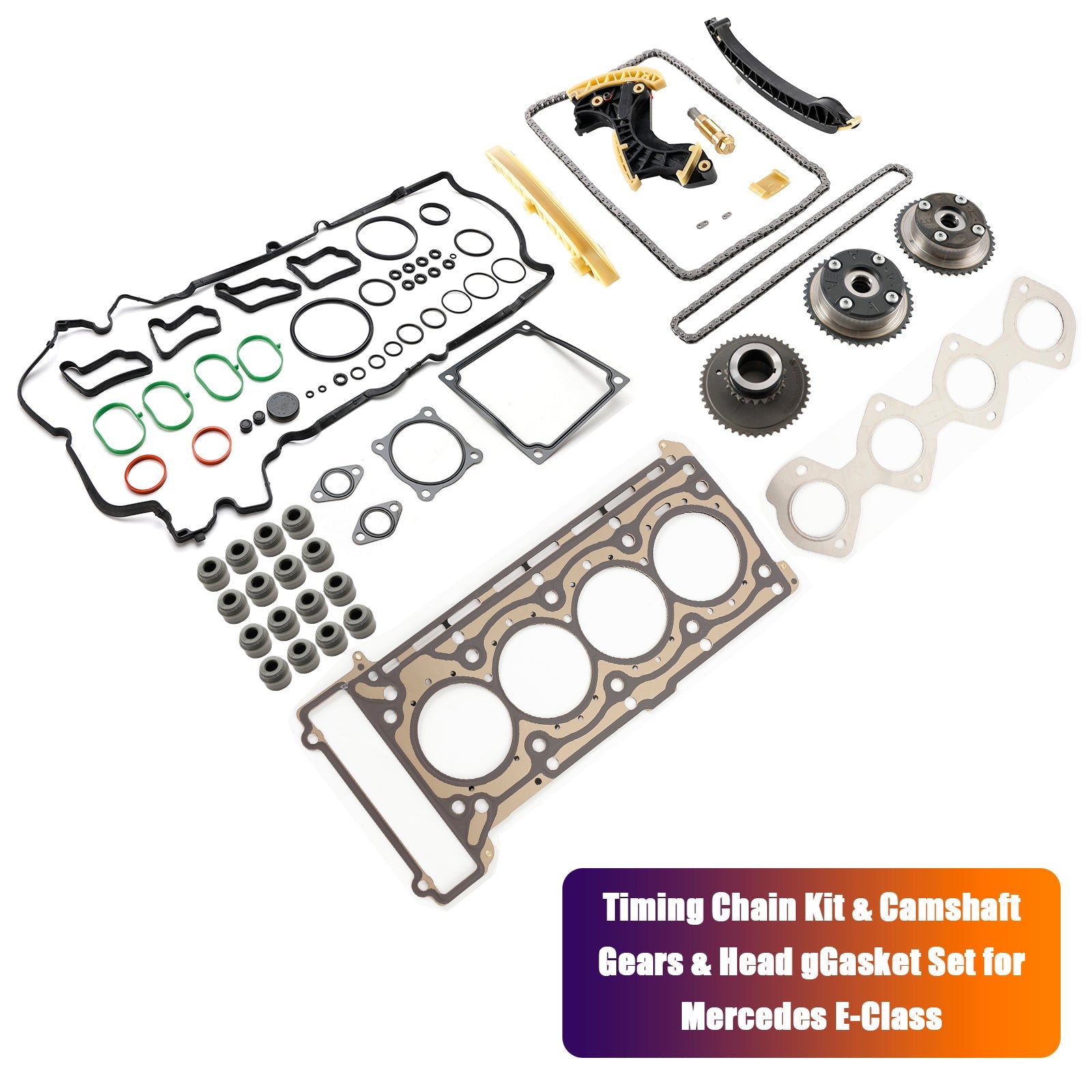 Kit de chaîne de distribution et engrenages d'arbre à cames et jeu de joints de culasse pour Mercedes-Benz Classe E W211 E 200 Kompressor 2002/11-2008/12 2710500647