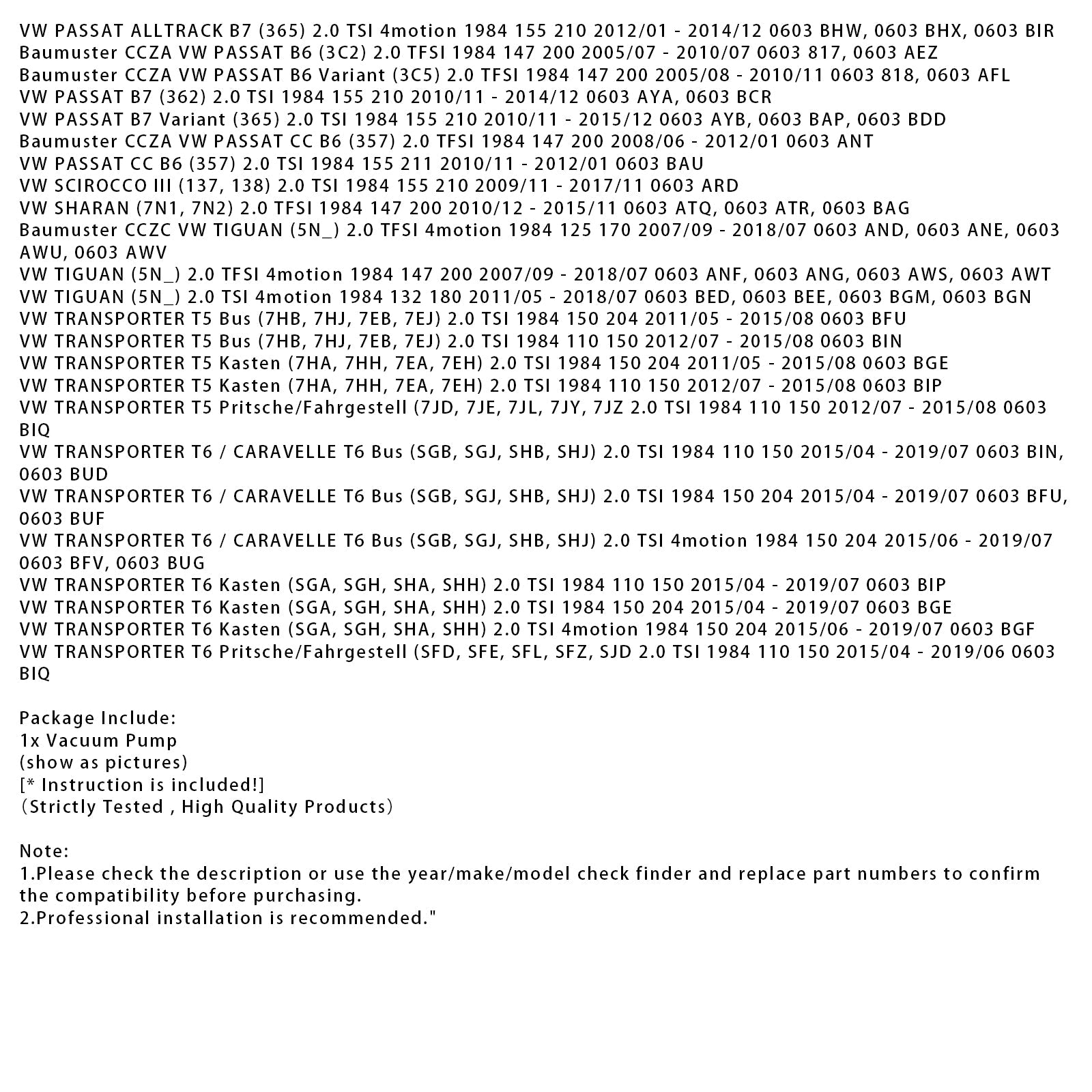2011/04-2016/07 Baumuster Ccza VW Beetle (5c1, 5c2) 2,0 TFSI 1984 147 200 pompa próżniowa 06J145100p