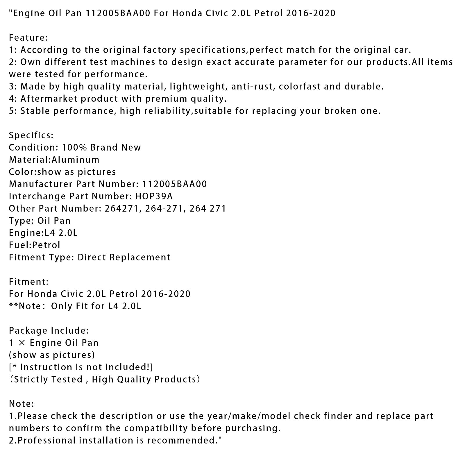 Oil Carter voor Honda Civic 2.0L benzinemotor 2016-2020 112005BAA00 HOP39A