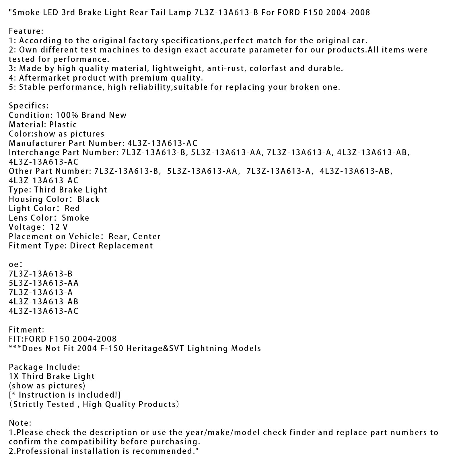 Feu arrière LED fumé pour Ford F150 2004-2008, 3e feu stop, 7L3Z-13A613-B, 4L3Z-13A613-AC