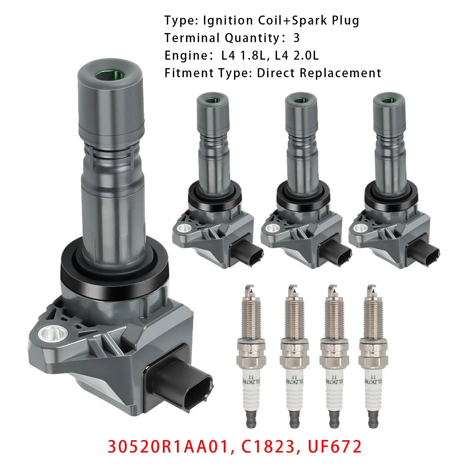 Lot de 4 bobines d'allumage et 4 bougies d'allumage UF672 pour Acura ILX 2.0L et Honda Civic HR-V 1.8L