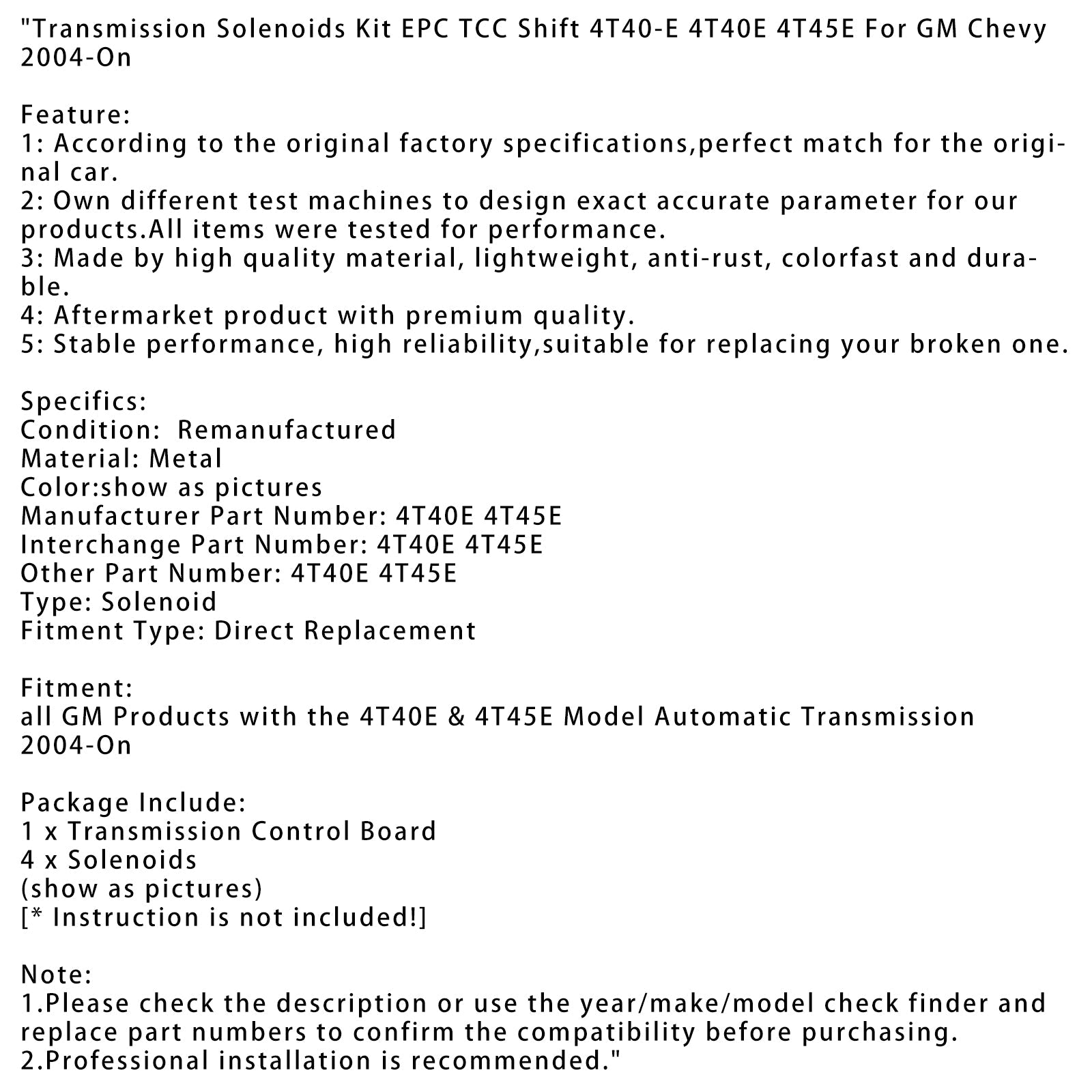 Kit de solénoïdes de transmission GM Chevy 2004-On EPC TCC Shift 4T40-E 4T40E 4T45E