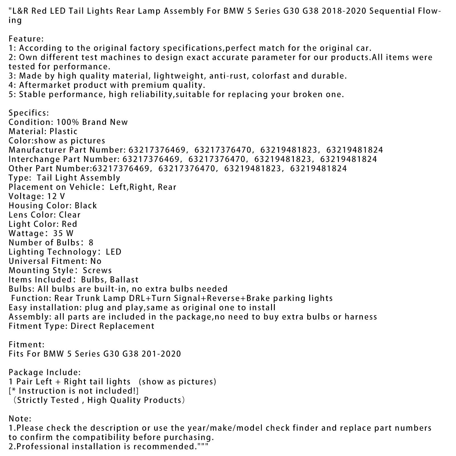 Luci posteriori a LED rosso per BMW 5 G30 G38 2018-2020