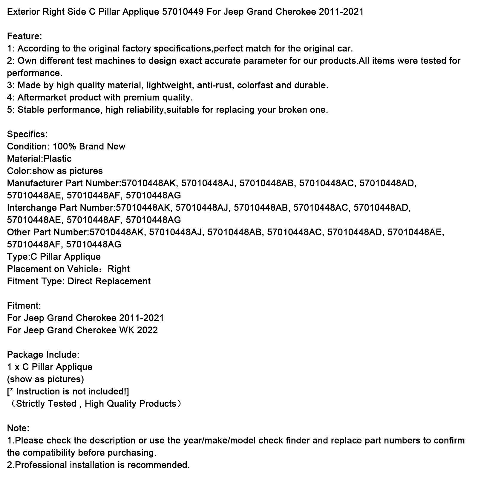 Applicazione per montante C esterno destro 57010448 per Jeep Cherokee 2011-2021