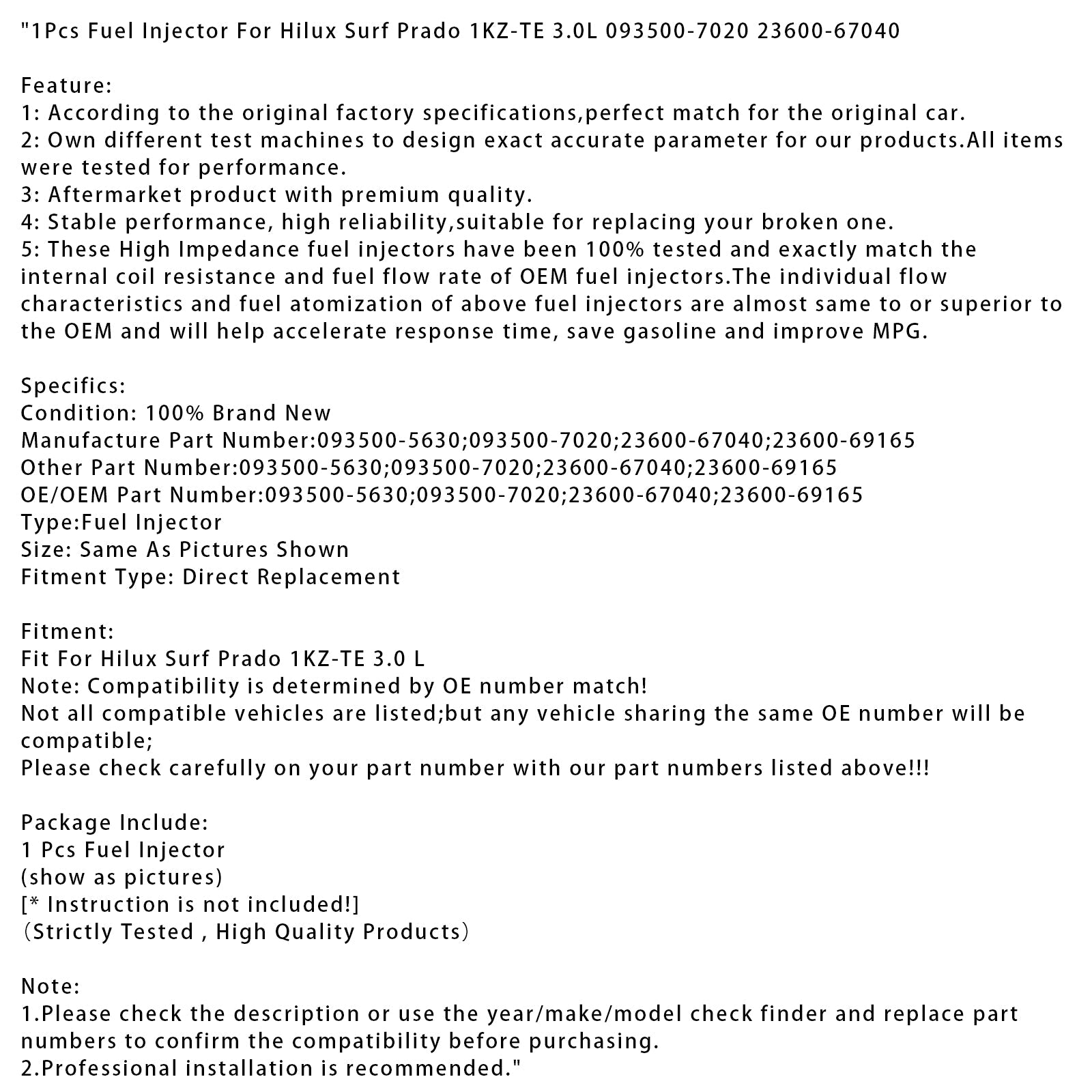 1 injecteur de carburant pour Hilux Surf Prado 1KZ-TE 3.0L 093500-7020 23600-67040