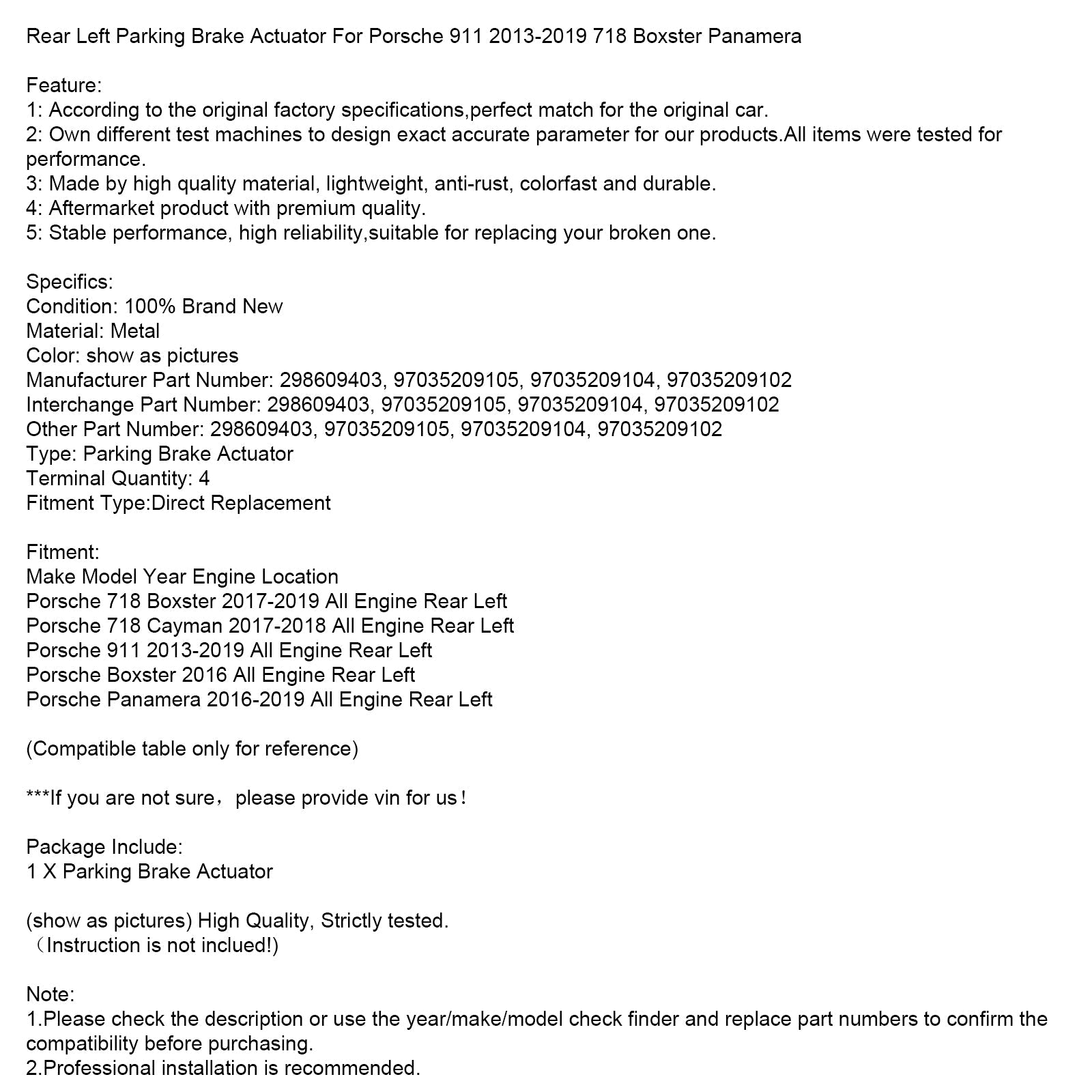 Actuador de freno de estacionamiento trasero izquierdo para Porsche 911 2013-2019 718 Boxster Panamera