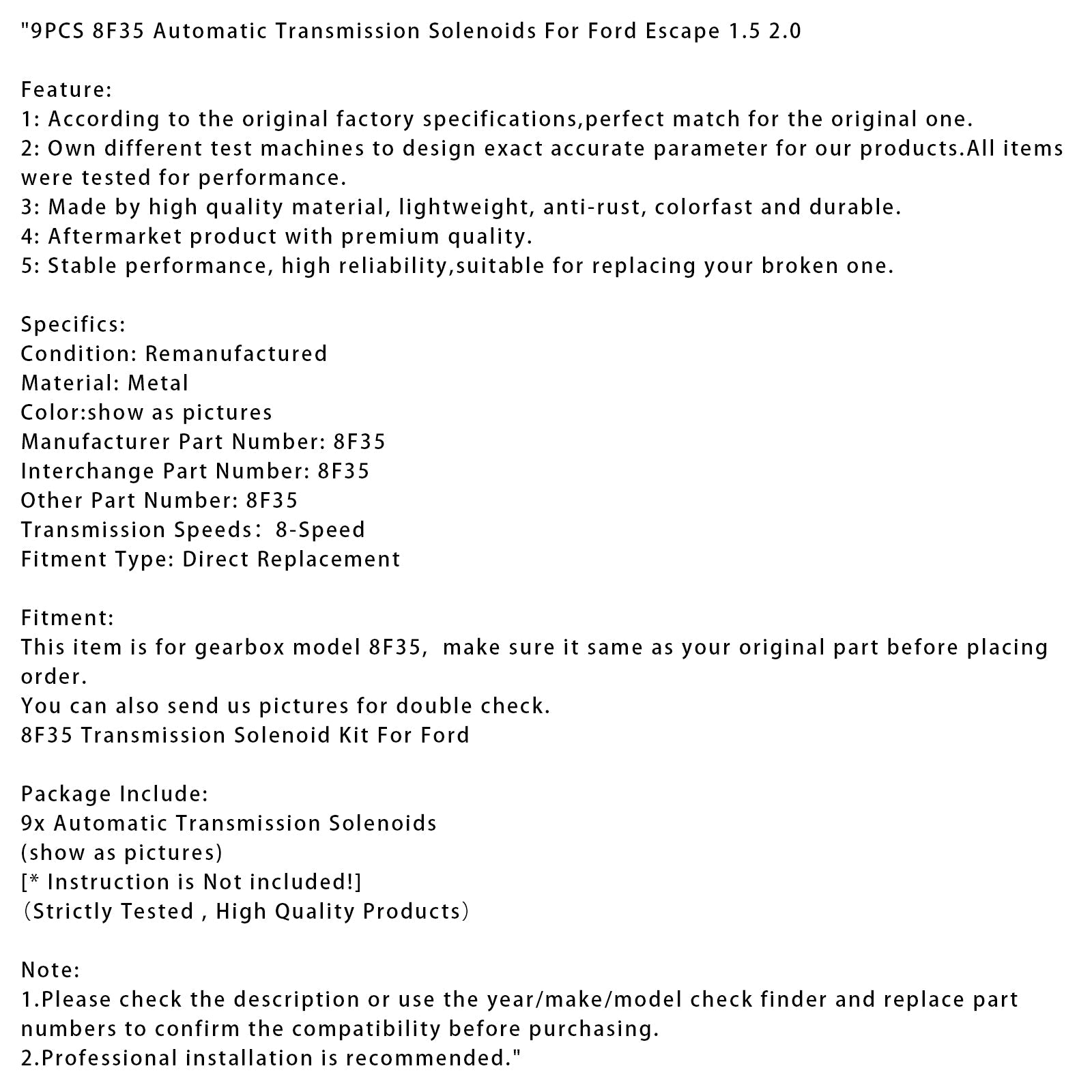 Électrovannes de transmission automatique Ford Escape 1.5 2.0 (9 pièces, 8F35)