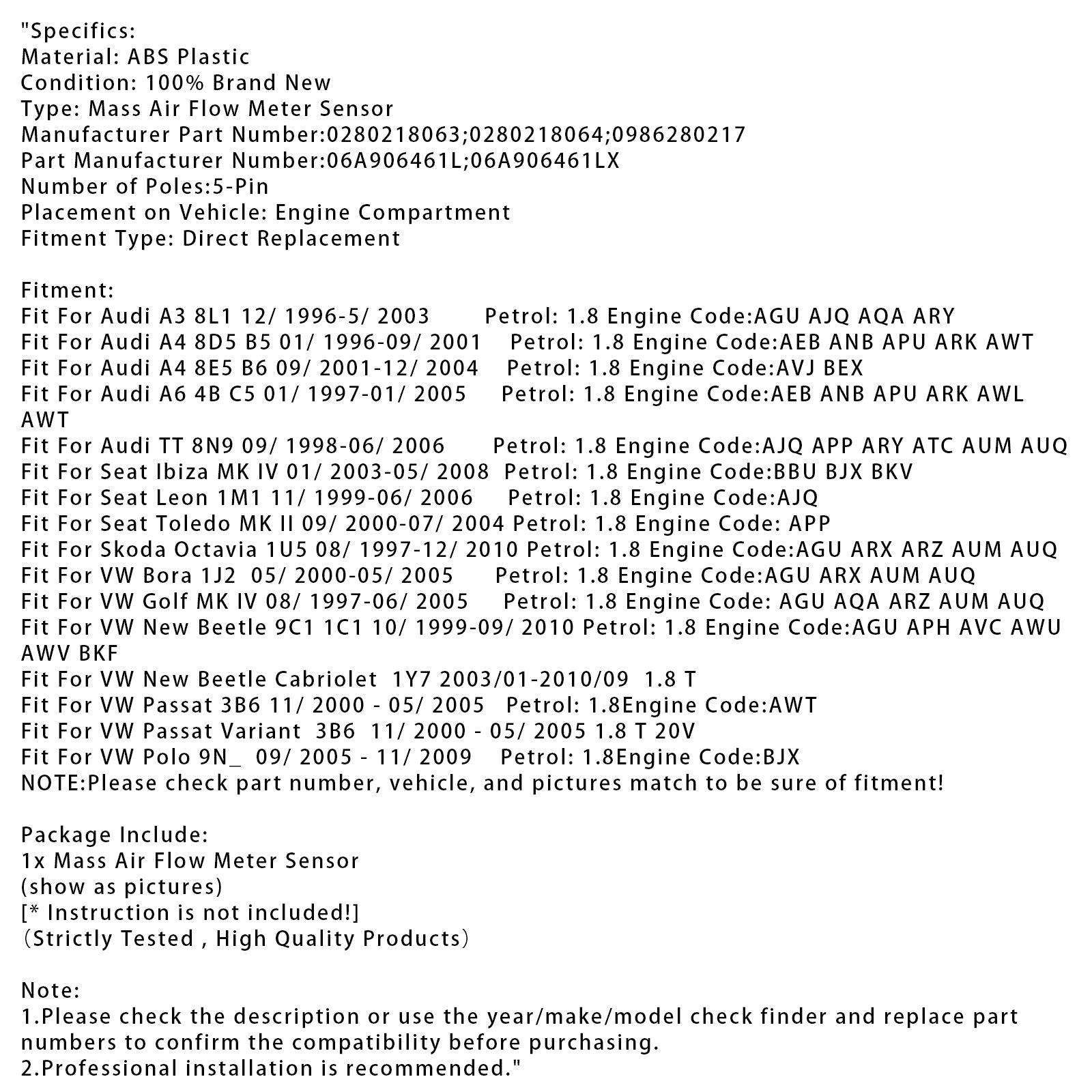 Senzor merilnika pretoka d'zračna masa za Audi A4 TT VW Golf IV Bora 1.8T 0280218063