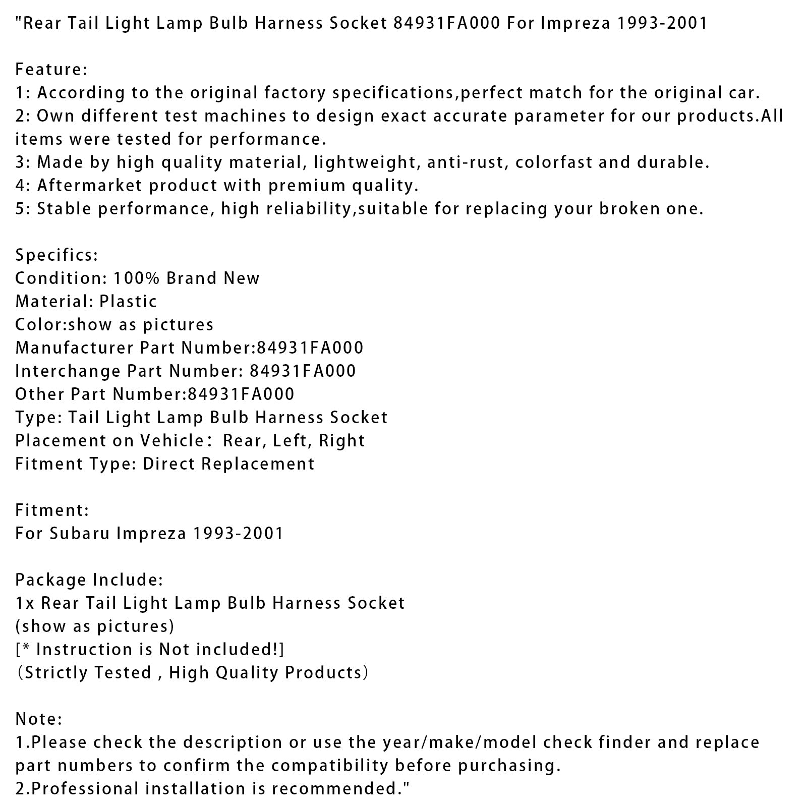 Douille de faisceau d'ampoule de feu arrière pour Subaru Impreza 1993-2001 84931FA000