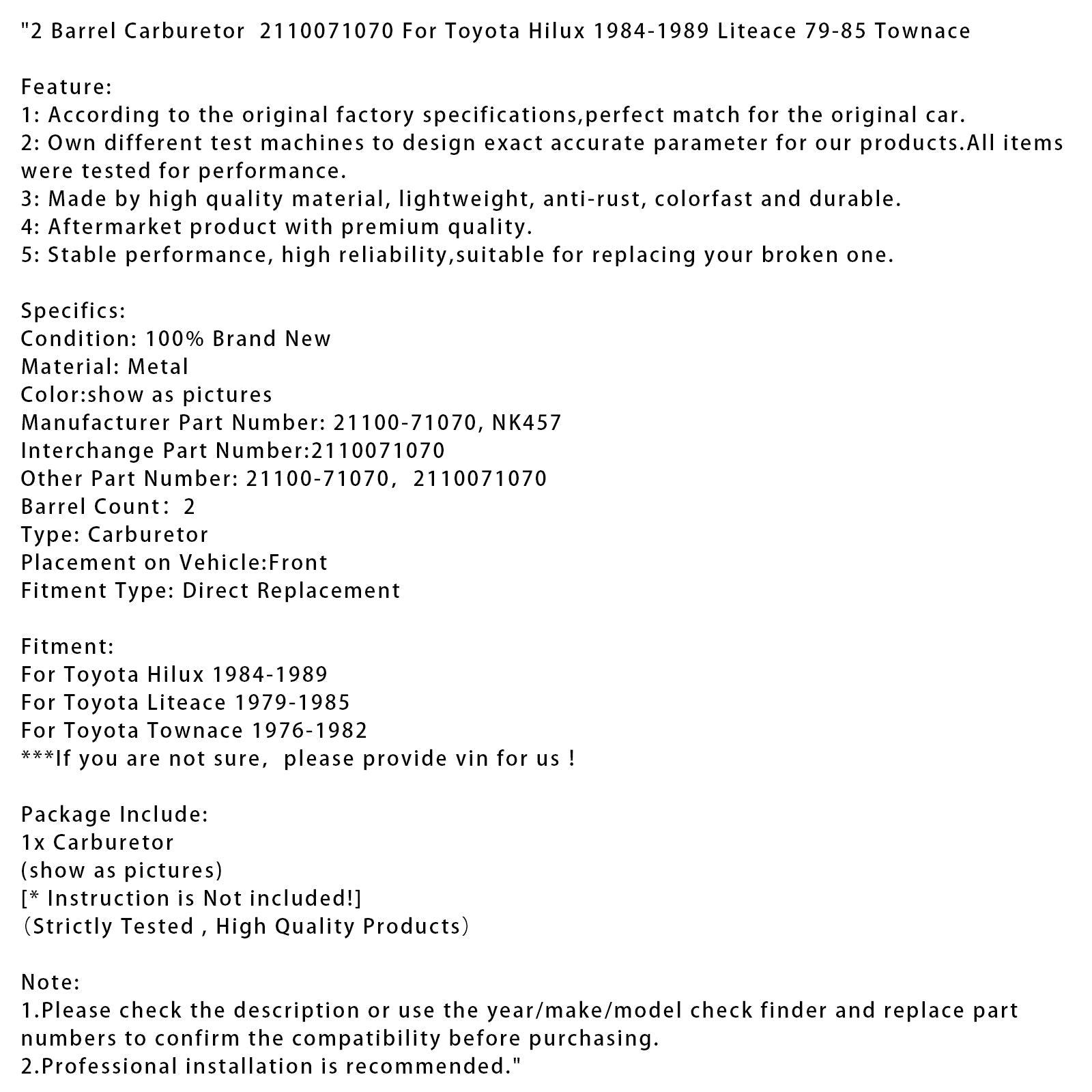 Carburatore a 2 cilindri Toyota Liteace 1979-1985 2110071070 NK457