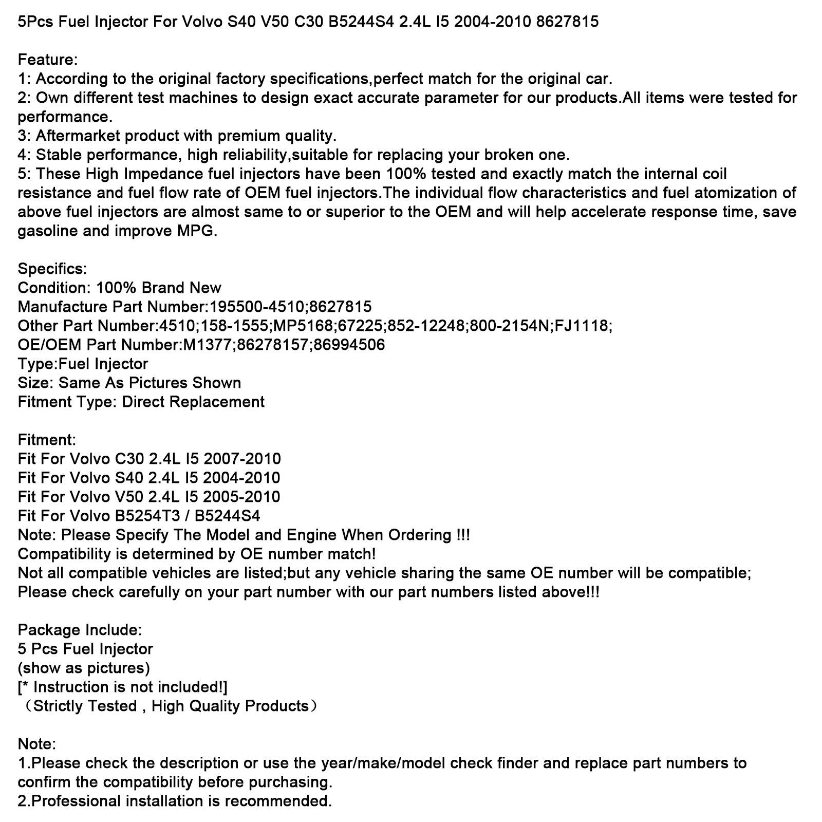 5 injecteurs de carburant pour Volvo S40 V50 C30 B5244S4 2.4L I5 2004-2010 8627815