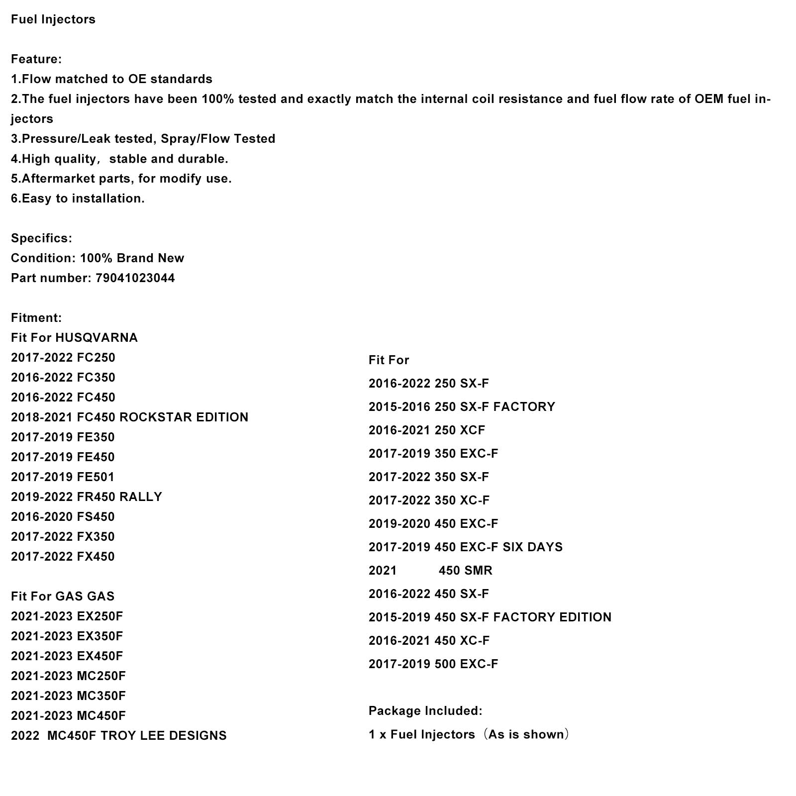 Injecteurs de carburant 79041023044 compatibles avec les modèles HUSQVARNA GAS SX-F, EXC-F et XC-F.