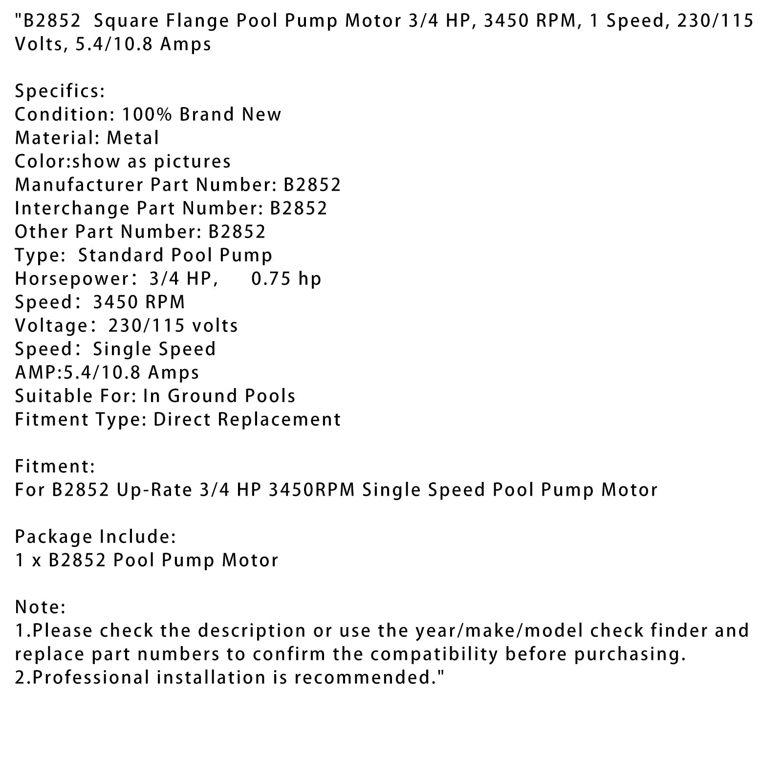 Moteur de pompe de piscine carré à vitesse unique B2852, 3/4 CV, 3 450 tr/min