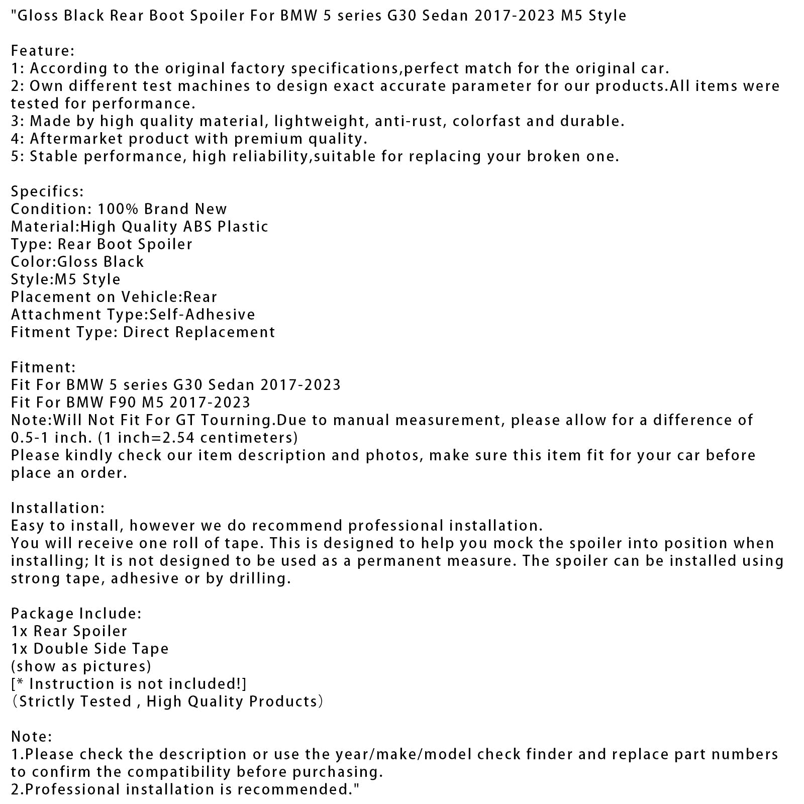 Aileron arrière noir brillant style M5 pour BMW Série 5 G30 Berline (2017-2023)