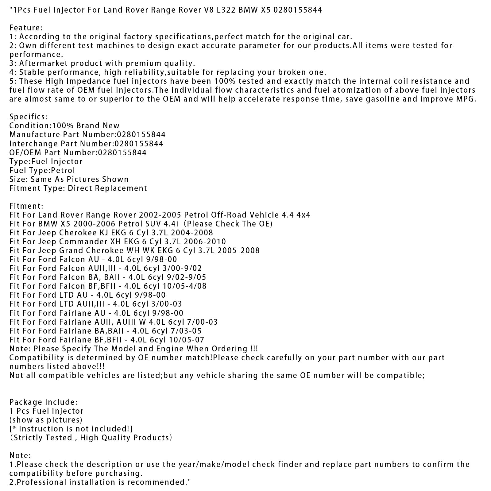 1 injecteur de carburant pour Ford Falcon AU 4.0L Jeep Cherokee Commander 0280155844