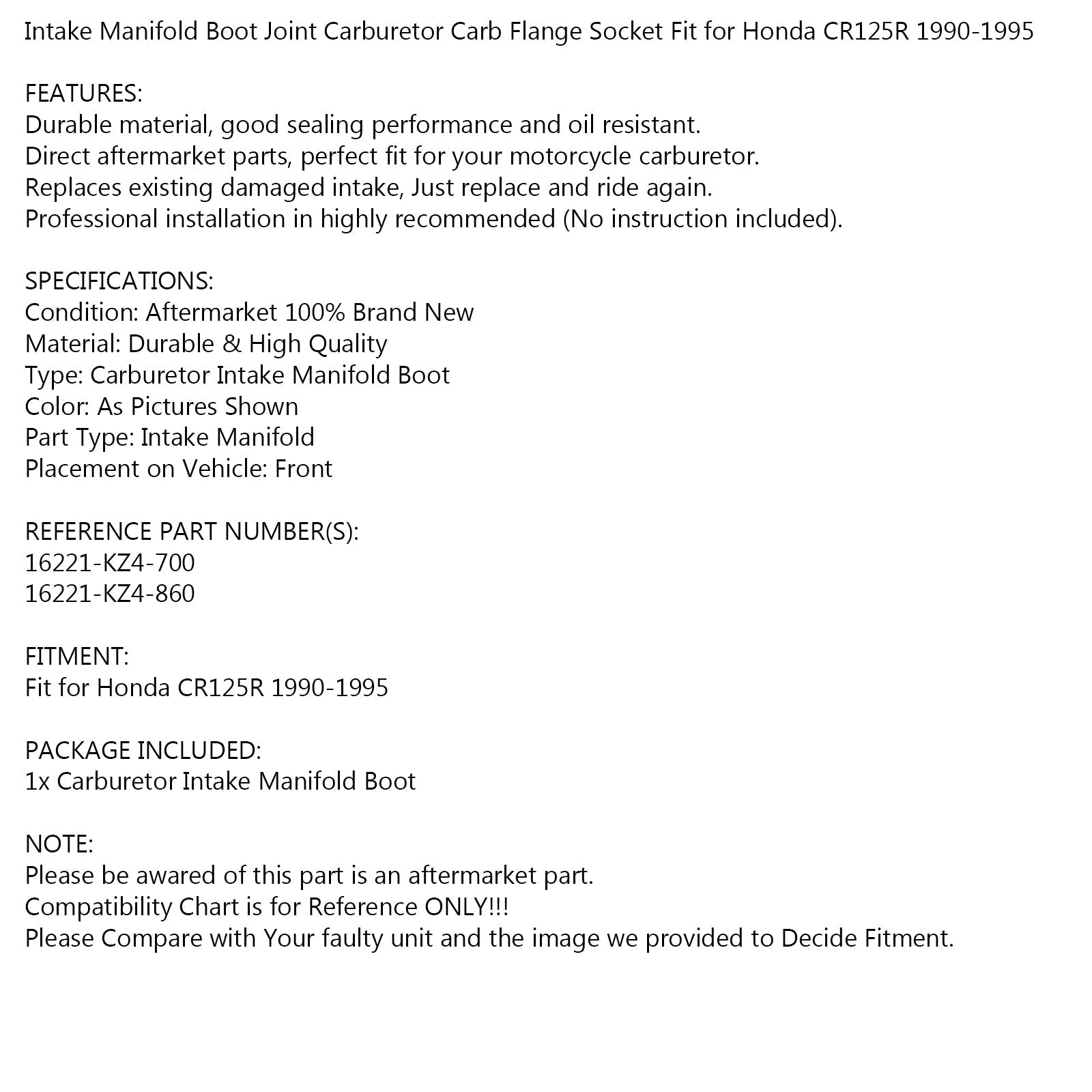 363198990727-1471005198023 Carburateur Inlaatleidingen voor Honda CR125R 1990-1995 16221-KZ4-700