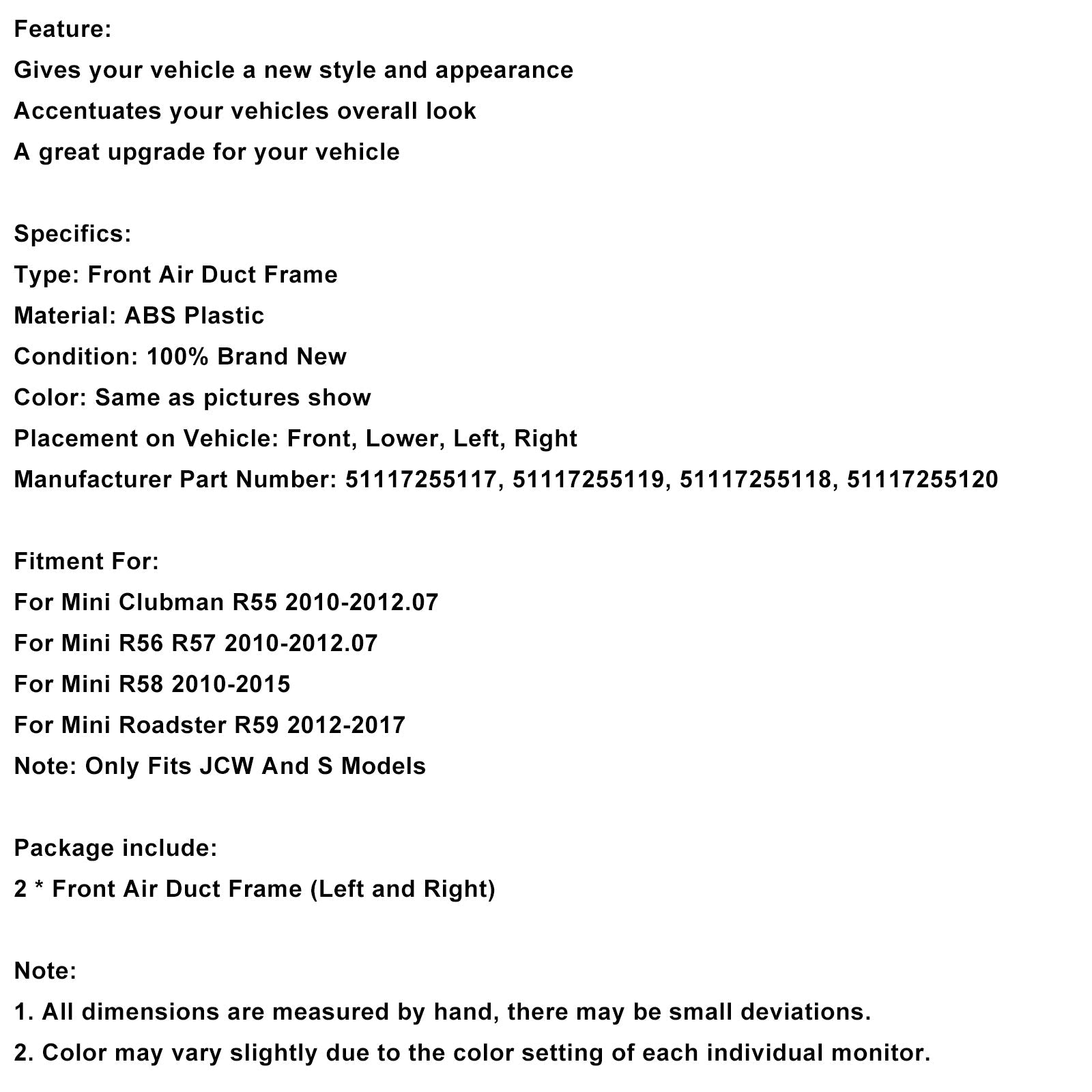 Cadre de conduit d'air avant chromé 51117255117 pour Mini R55 R56 R57 R58 R59 JCW S