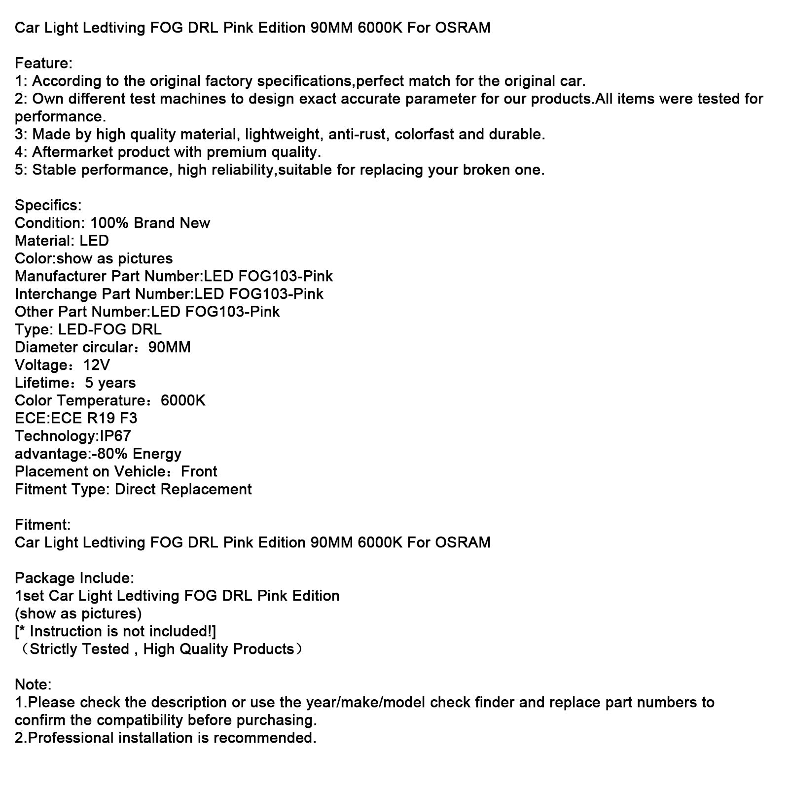 LedTiving Car Lighthouse Fog Drl Pink Edition 90 mm 6 000 K per Osram