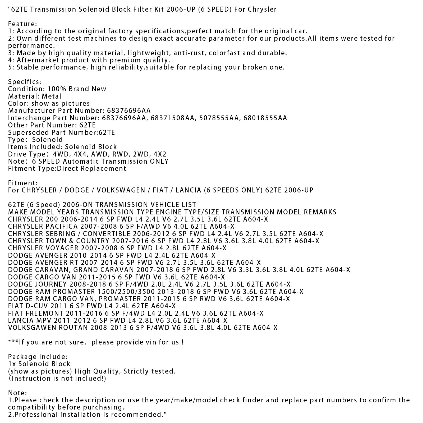 Solénoidni prenosni blok 68376696AA za Dodge Avenger RT 6 SP FWD V6 2,7 L 3,5 L 3,6 L 62TE A604-X 2007-2014