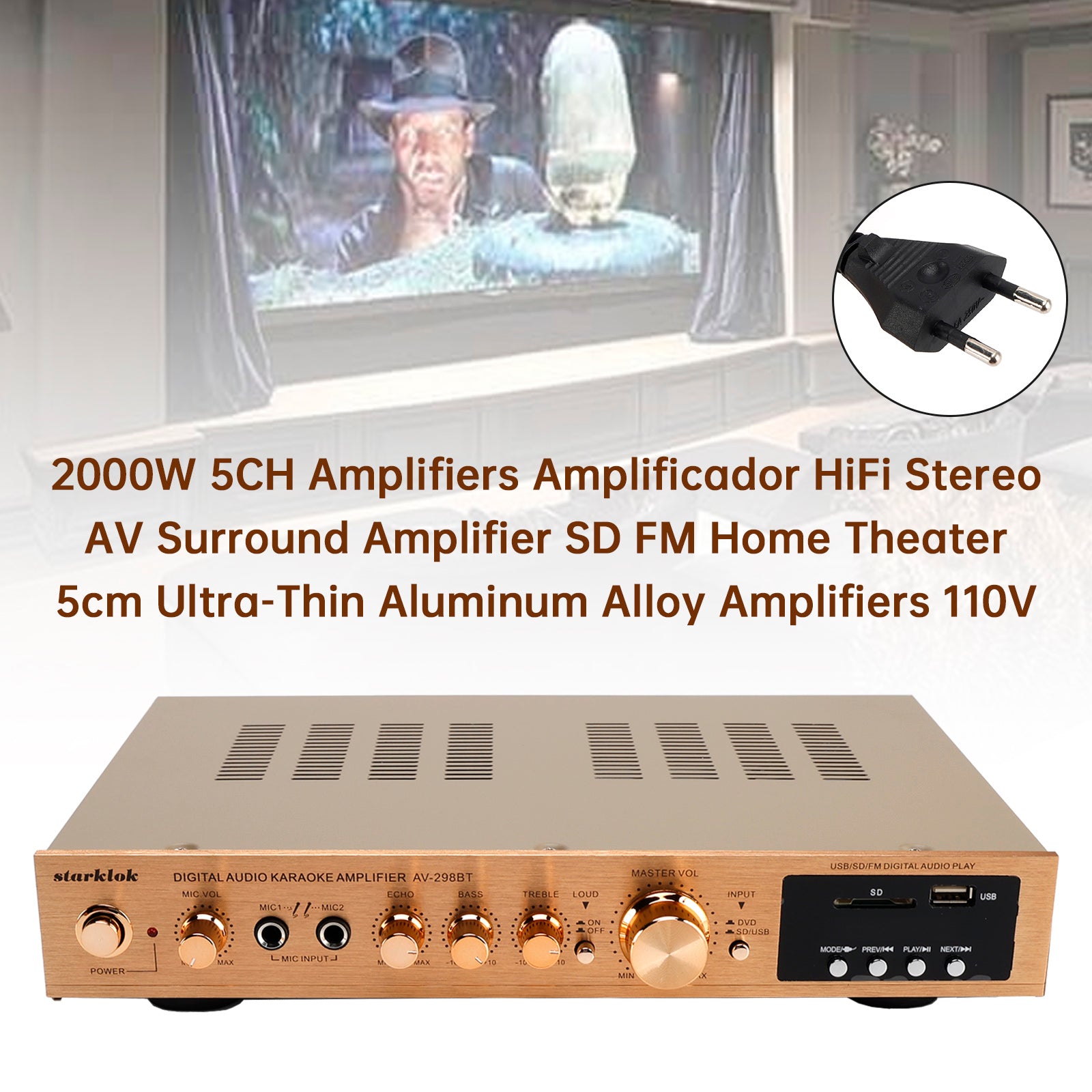 2000W 5CH Power Amplificateurs Amplifier Hi-Fi stéréo AV Surround FM Home Cinéma