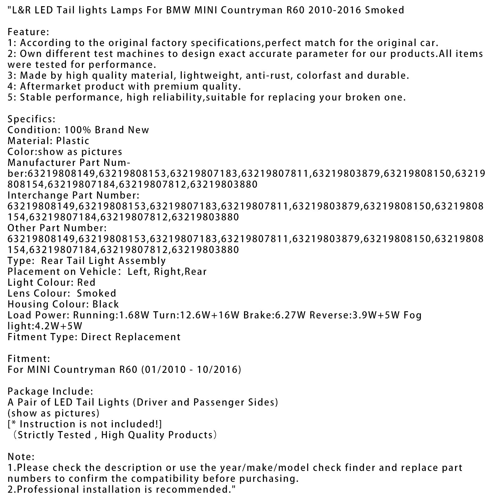 Luci posteriori a LED L&R per BMW Mini Paese R60 2010-2016 Fumato