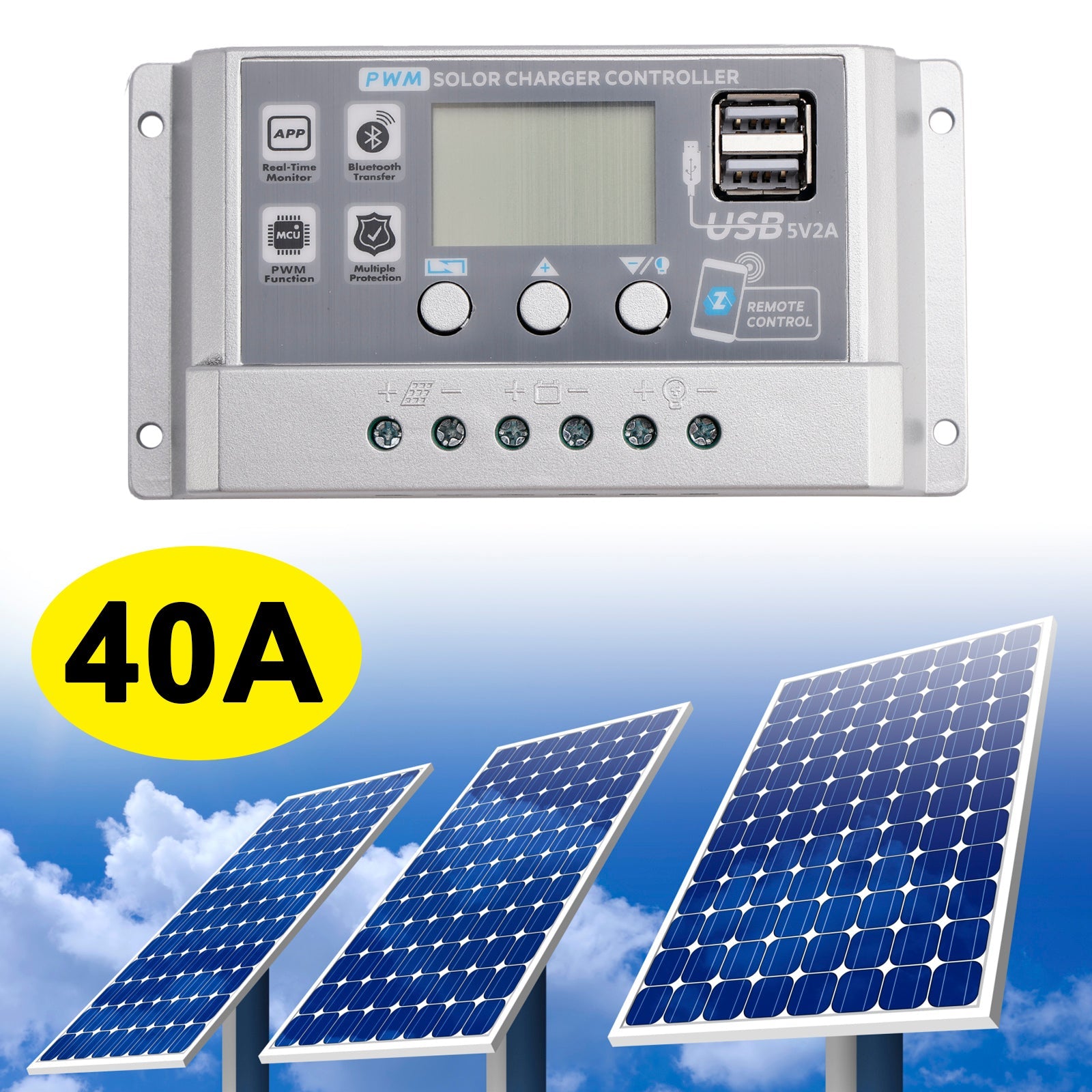 Contrôleur solaire PWM 10A-60A, application mobile, contrôle intelligent