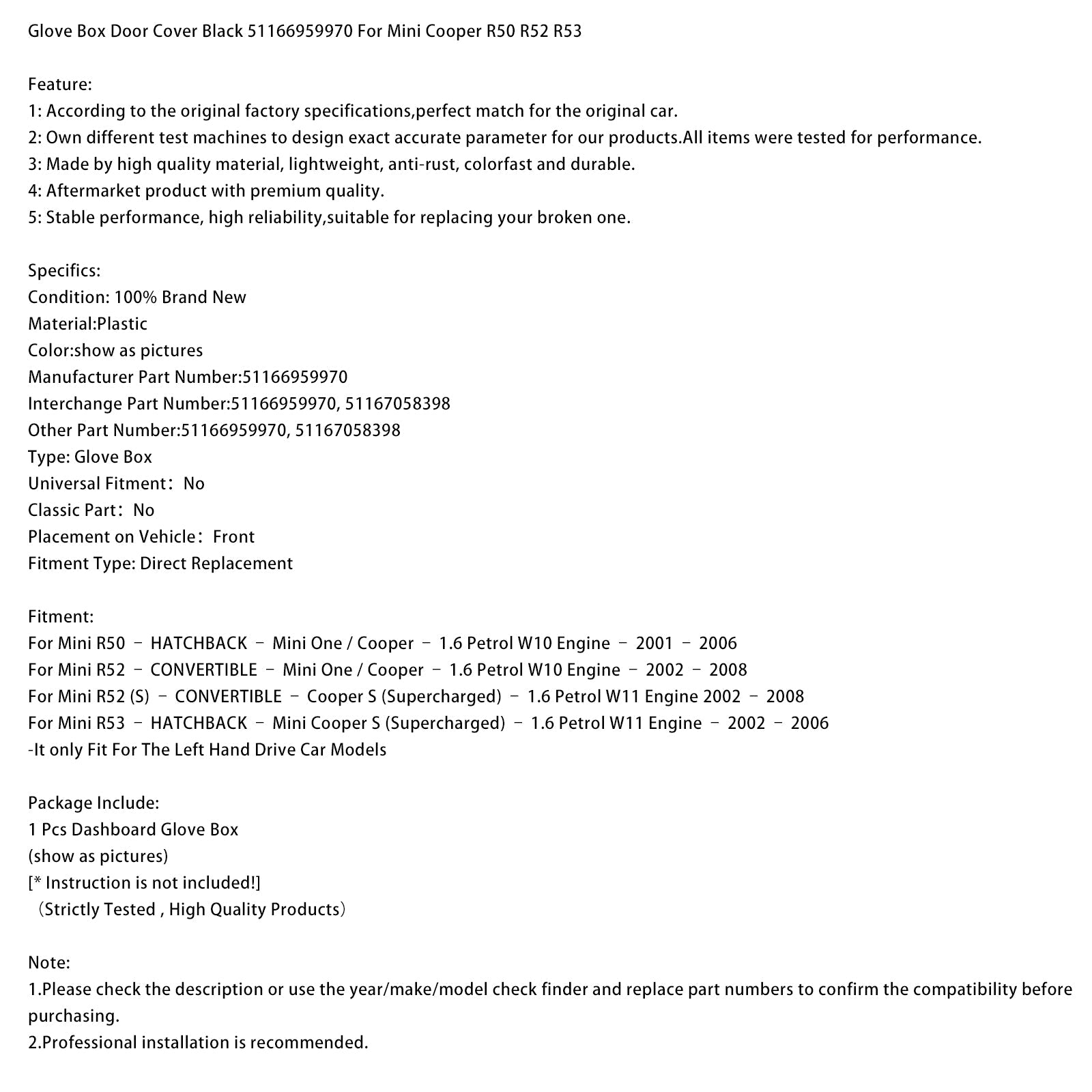 2001–2006 Mini R50 – HAYON – Mini One / Cooper – Moteur essence 1.6 W10 – Couvercle de porte de boîte à gants noir 51166959970