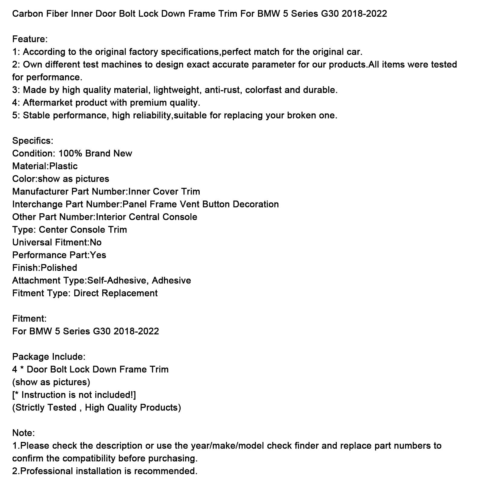 Garniture de cadre de verrouillage de porte intérieure en fibre de carbone pour BMW Série 5 G30 2018-2022