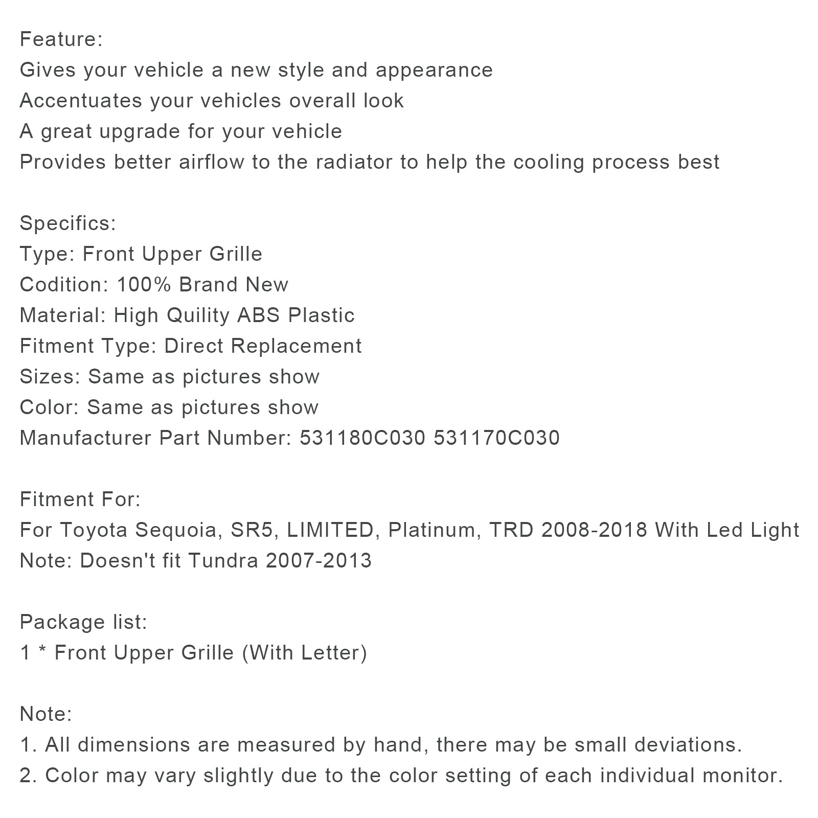 Griglia paraurti anteriore nero opaco con LED per Toyota Sequoia (2008-2018)