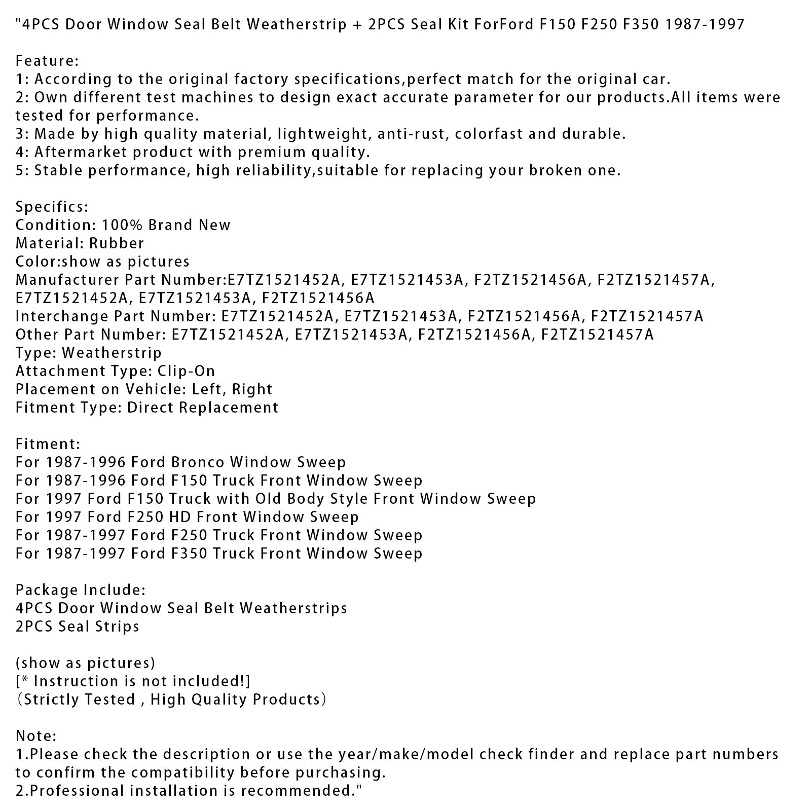 Joint de vitre avant pour camion Ford F150 1987-1996, 4 pièces, joint de porte et de fenêtre, joint d'étanchéité + 2 pièces, kit de joints