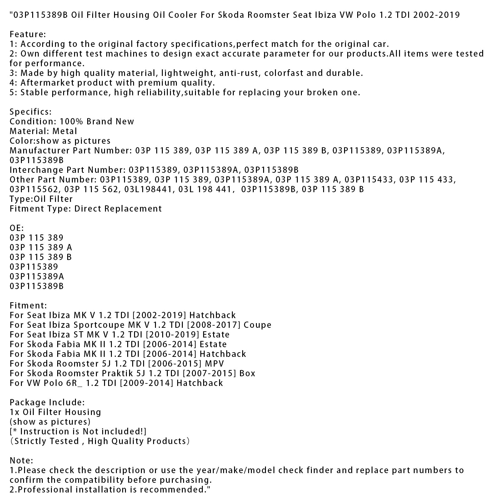 Boîtier de filtre à huile et refroidisseur d'huile pour Skoda Roomster, Seat Ibiza et VW Polo 1.2 TDI