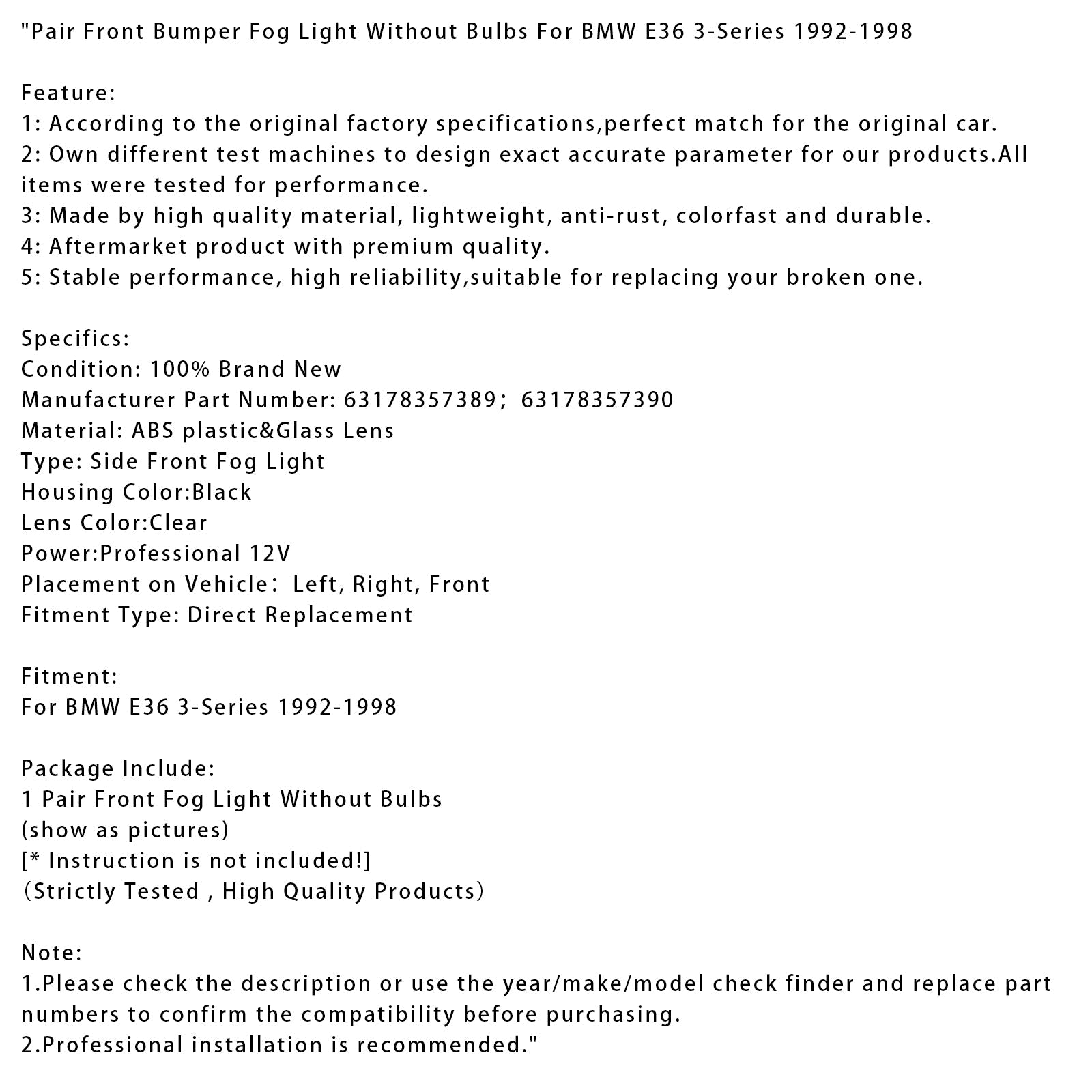 Paire de phares antibrouillard avant sans ampoules pour BMW Série 3 E36 1992-1998