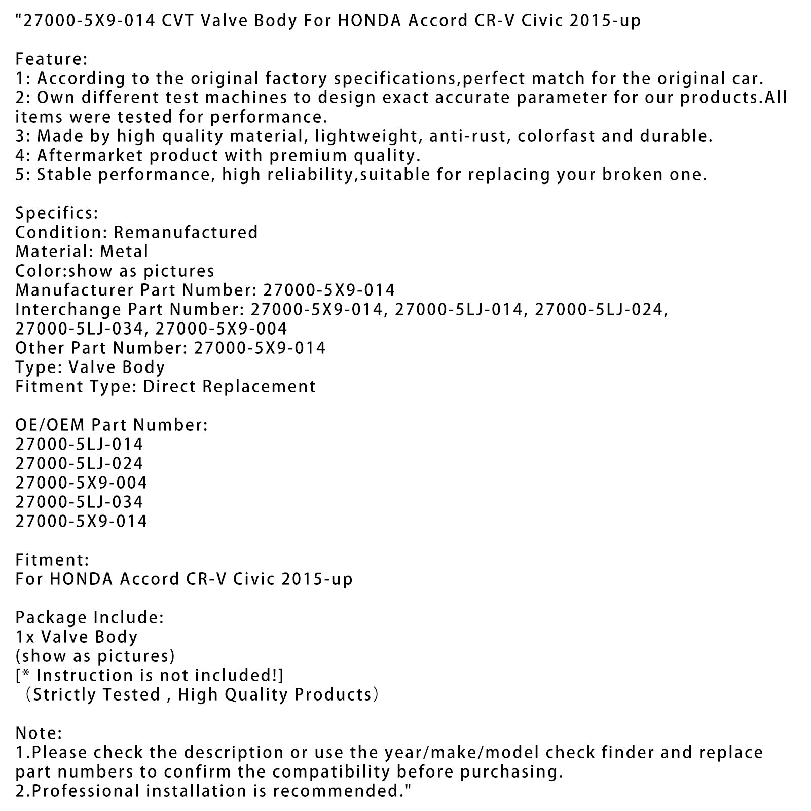 CVT VALVE BODY 27000-5X9-014 para Honda CR-V Civic 2015 y más
