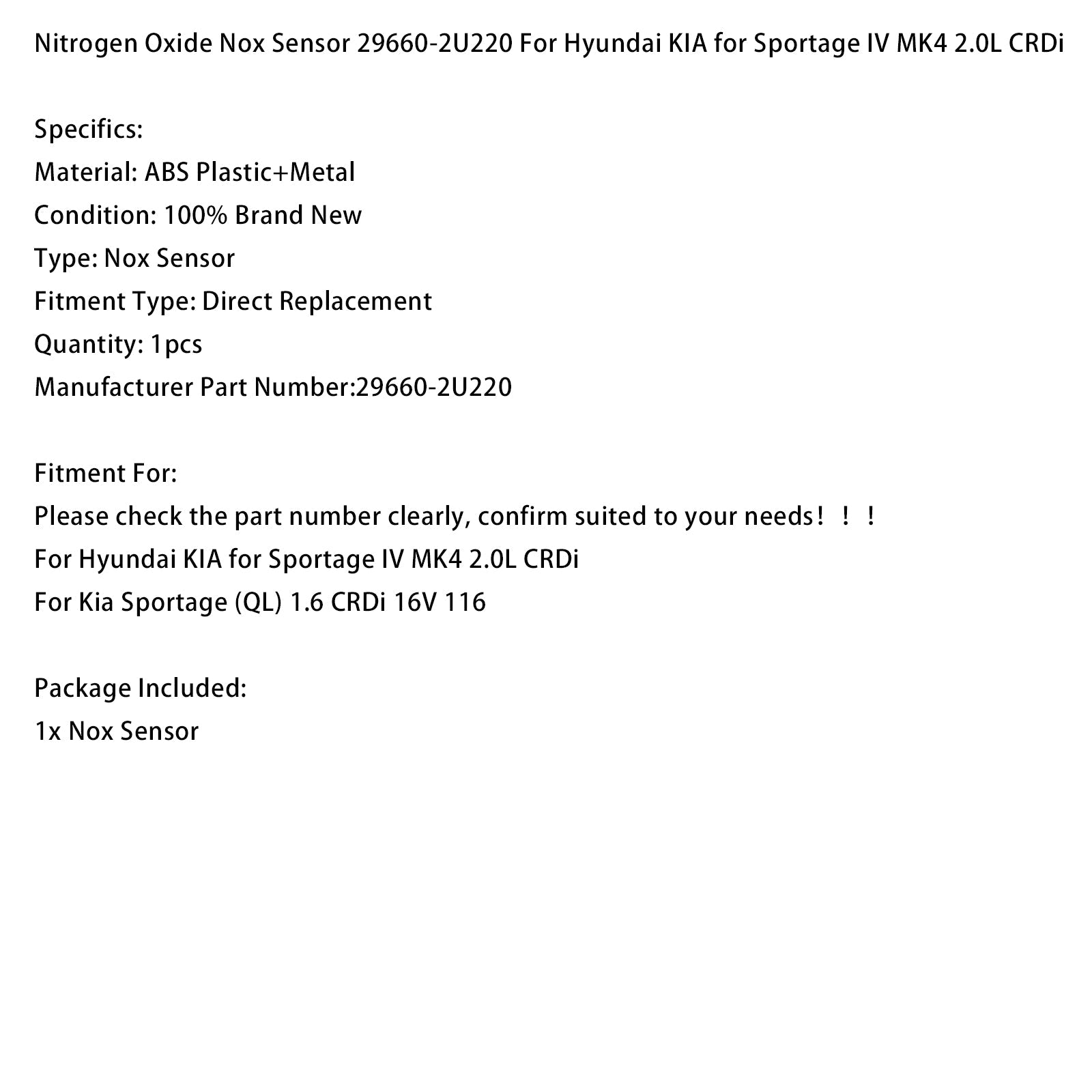 Czujnik NOx 29660-2U220 dla Hyundai i KIA Sportage IV MK4 2.0L CRDi