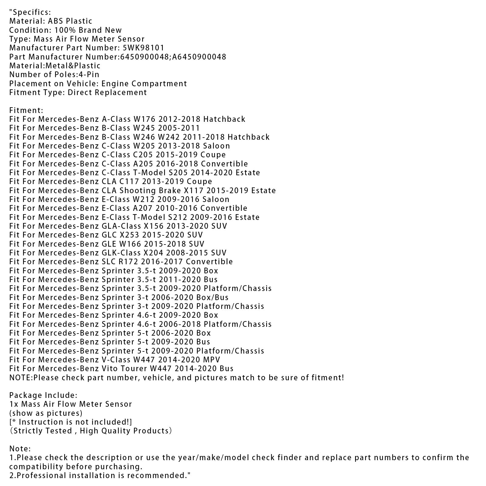 Sensore del misuratore di portata d&#39;aria di massa per Mercedes-Benz W205  W176 GLC X253 5WK98101