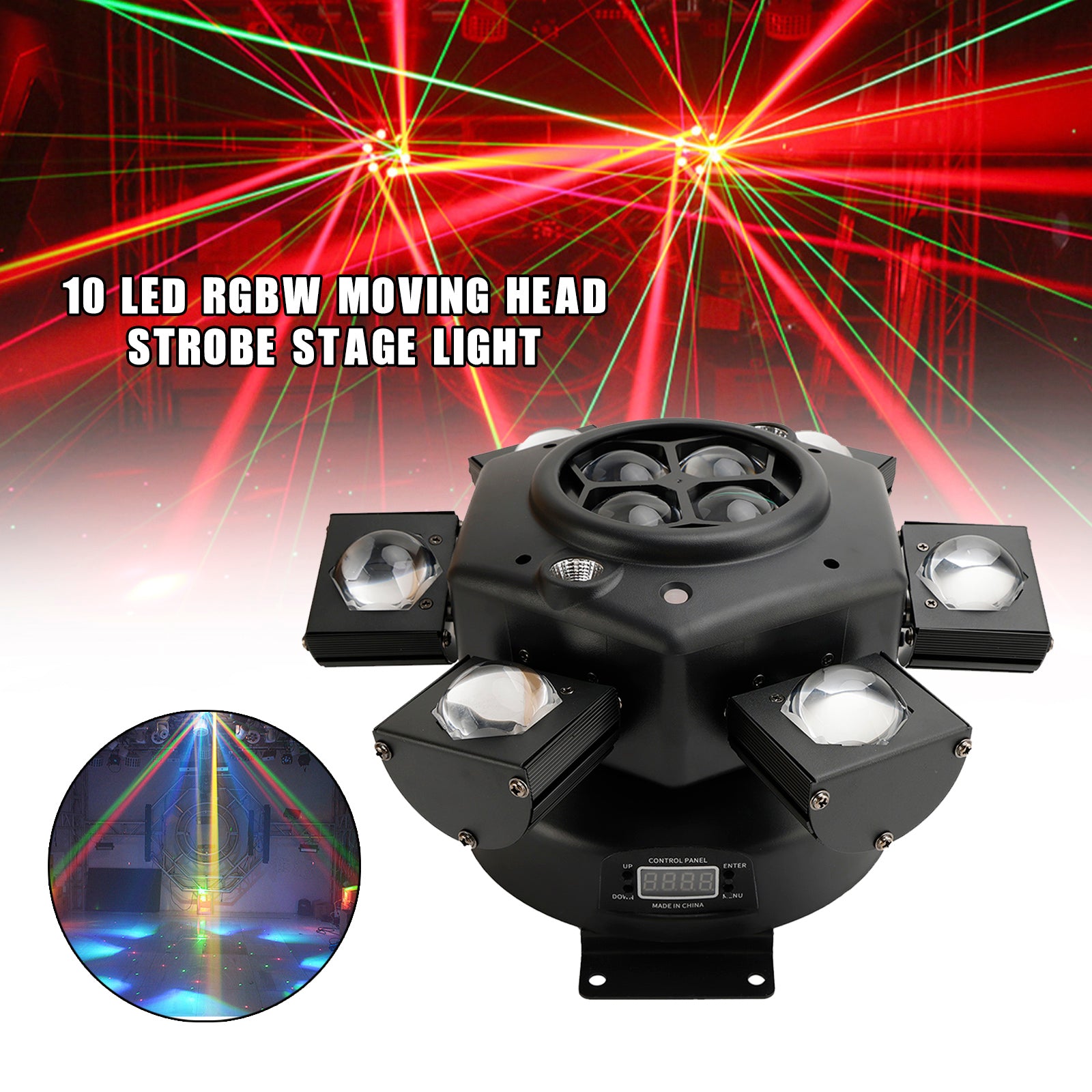 Lumière Stroboscopique À Tête Mobile 10 LED RGBW Éclairage Scène Laser DMX Disco
