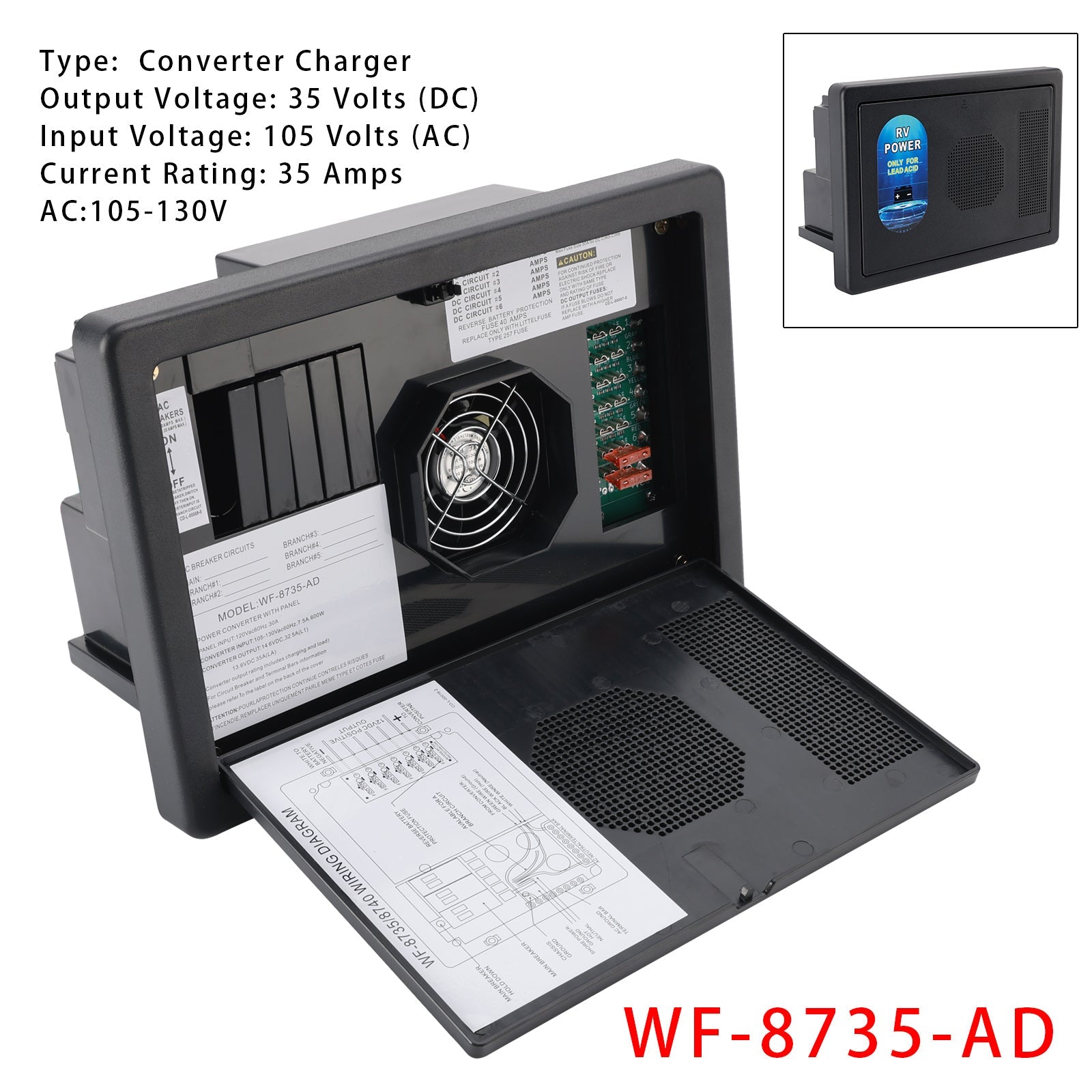 Convertisseur-chargeur WF-8735-AD pour VR, 30 A, compatible avec les centres d'alimentation et détection automatique des VR.