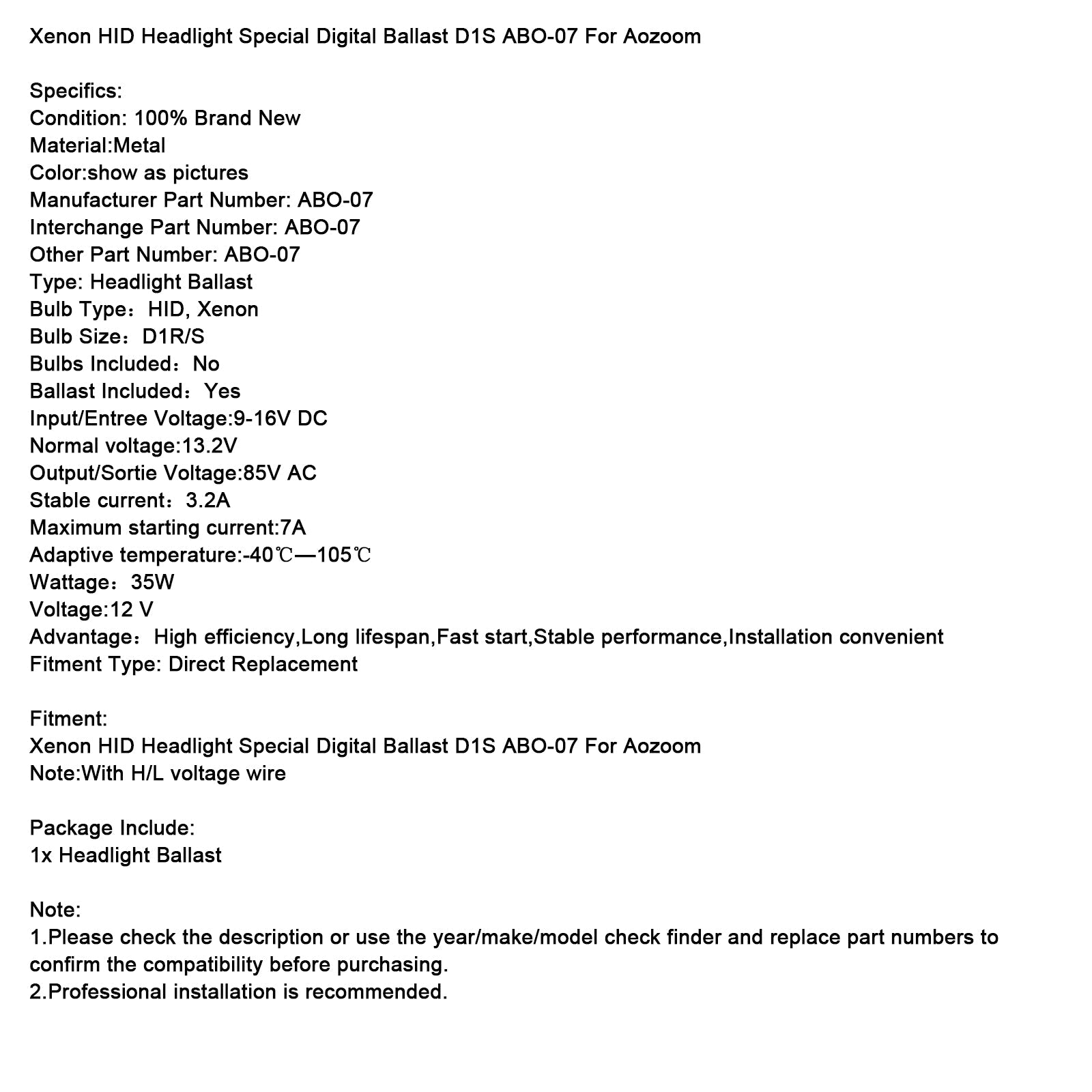 Ballast digital especial para los faros de Xenon HID D1S ABO-07