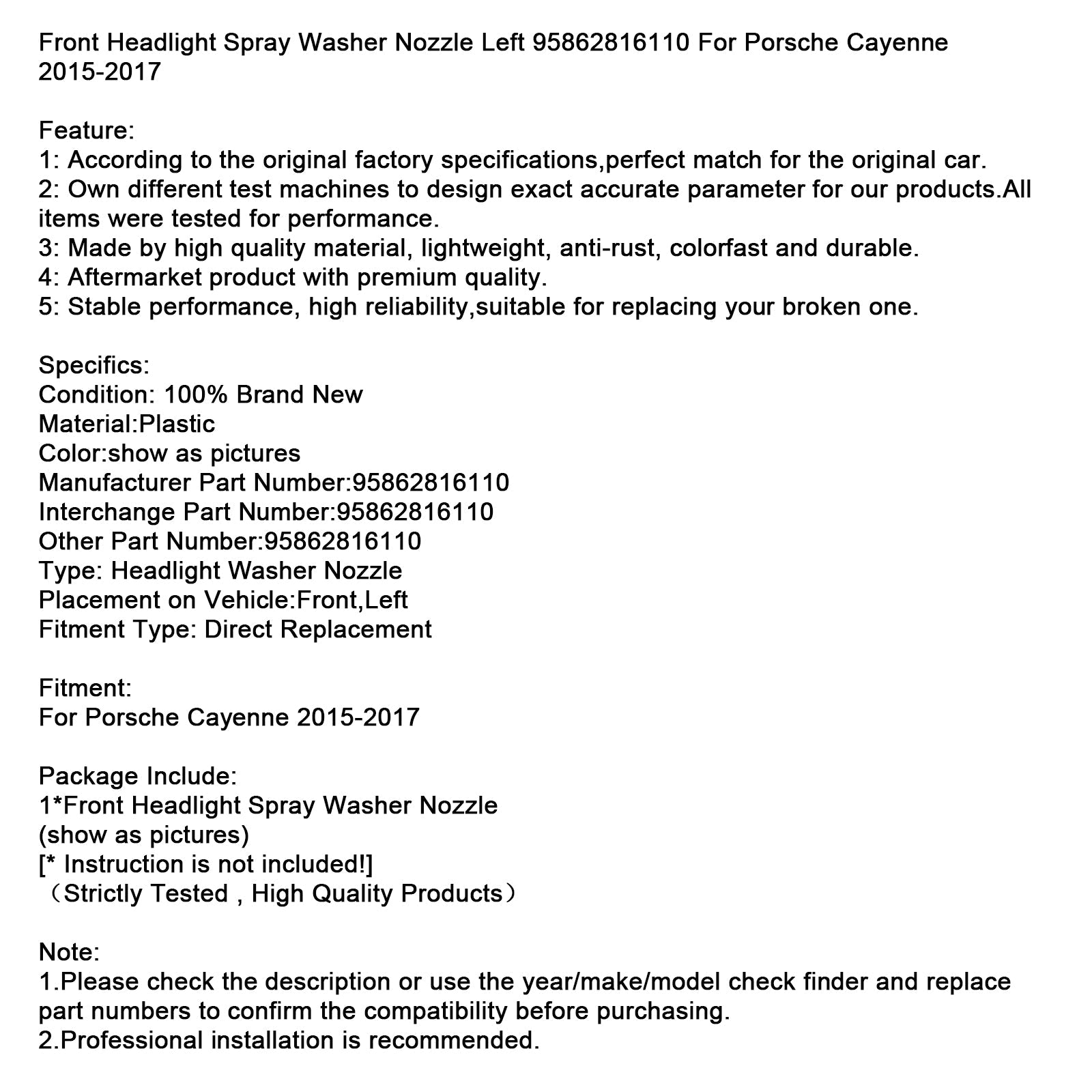 Buse de lave-phare avant gauche pour Porsche Cayenne 2015-2017, référence 95862816110