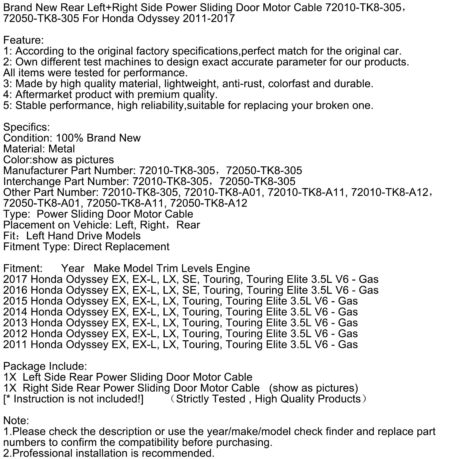 Câble de moteur de porte coulissante électrique arrière gauche et droite neuf pour Honda Odyssey 2011-2017